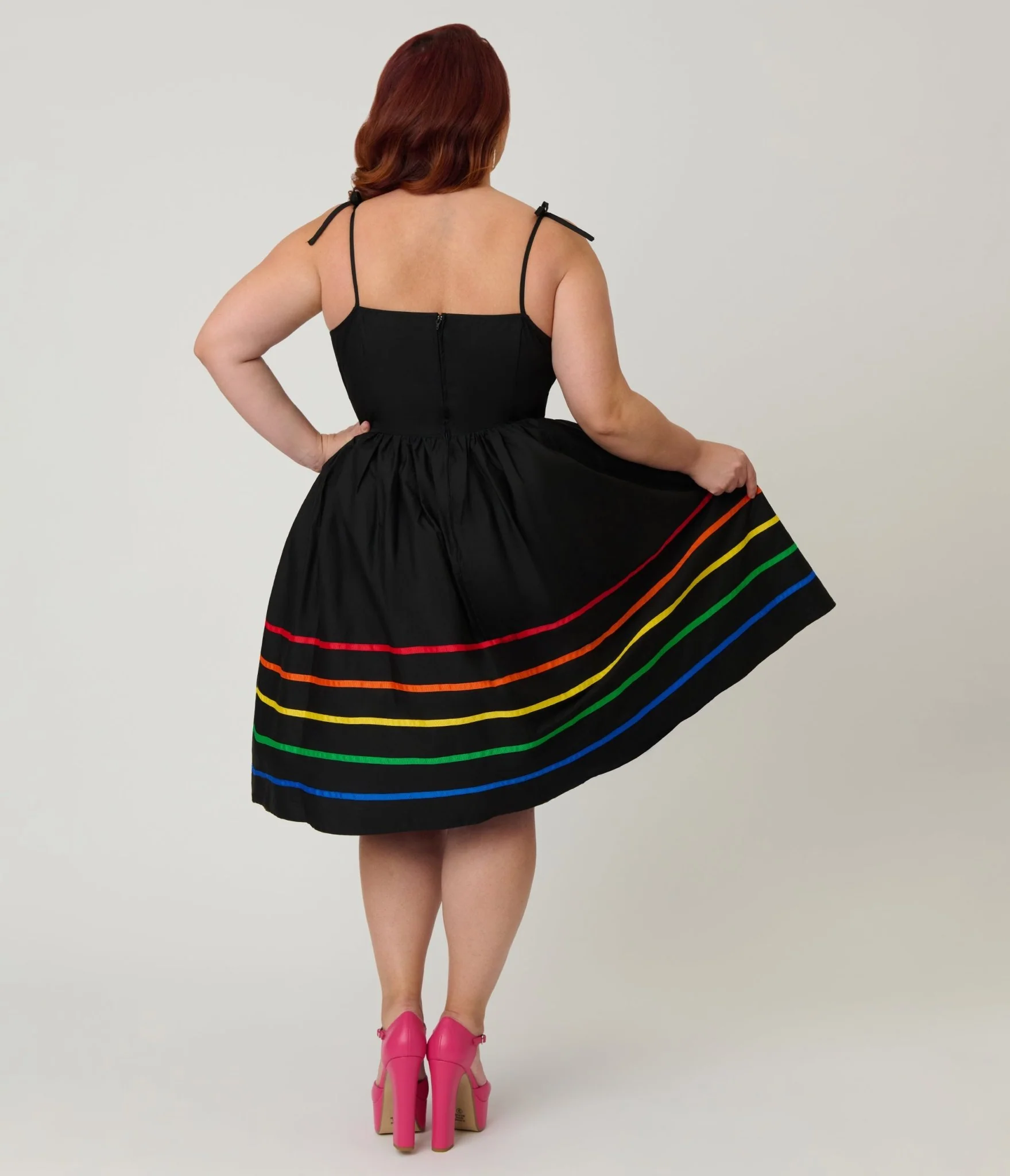 Unique Vintage Plus Size Black & Rainbow Ribbon Bobbie Swing Dress - Image 2