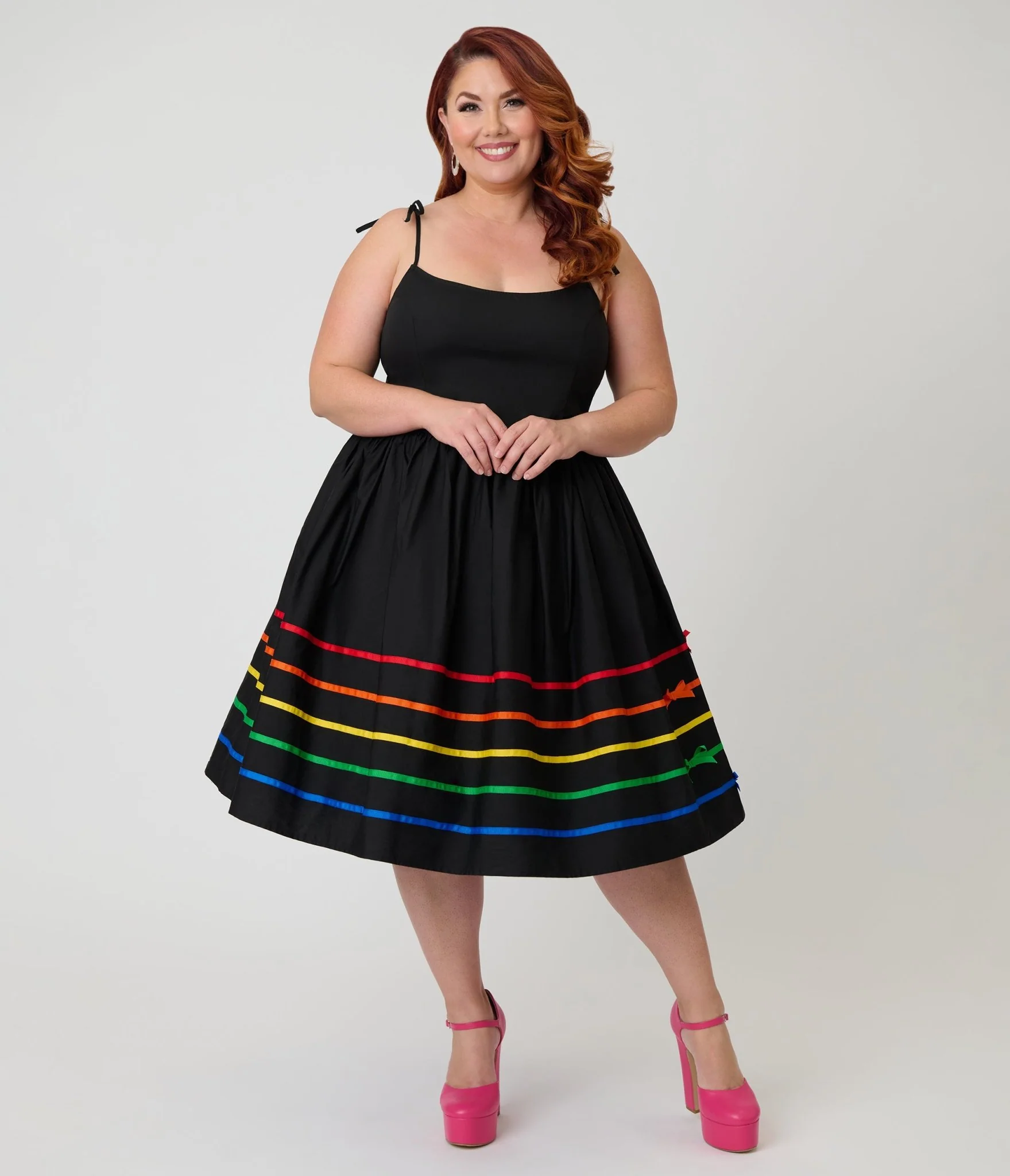 Unique Vintage Plus Size Black & Rainbow Ribbon Bobbie Swing Dress - Image 3