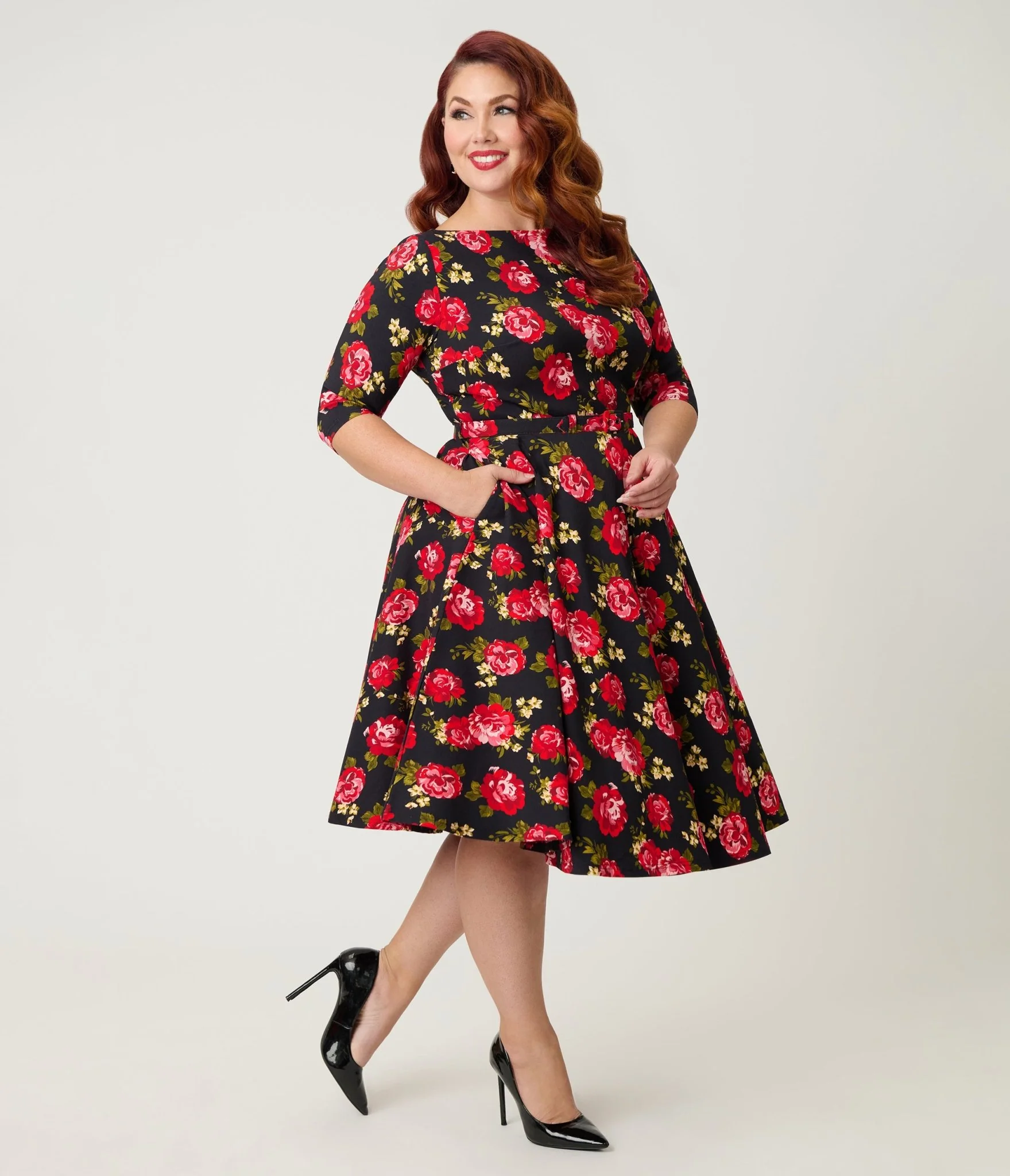 Unique Vintage Plus Size Black & Red Cabbage Rose Devon Swing Dress - Image 3