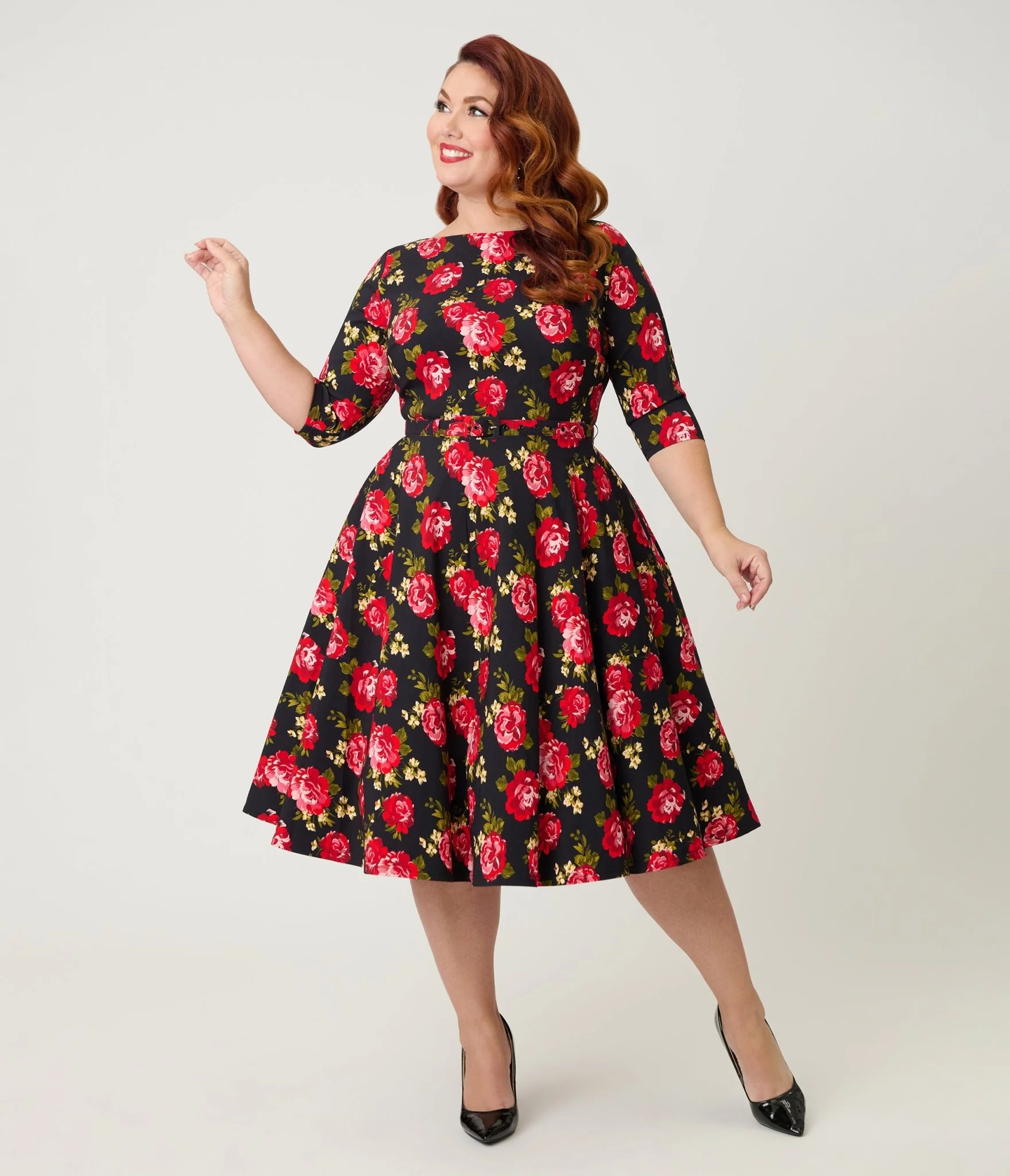 Unique Vintage Plus Size Black & Red Cabbage Rose Devon Swing Dress - Image 4