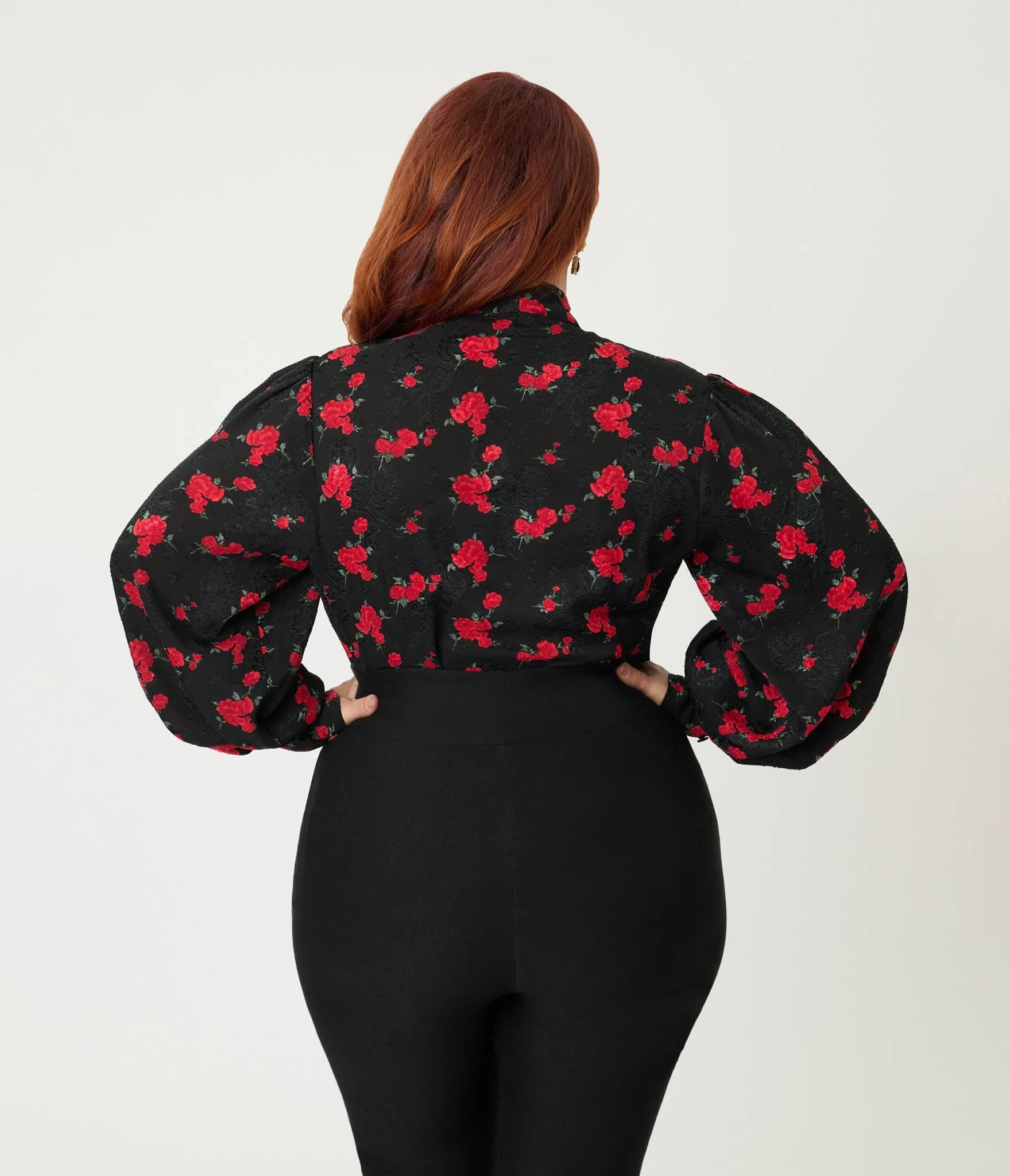 Unique Vintage Plus Size Black & Red Roses Long Sleeve Gwen Blouse - Image 2