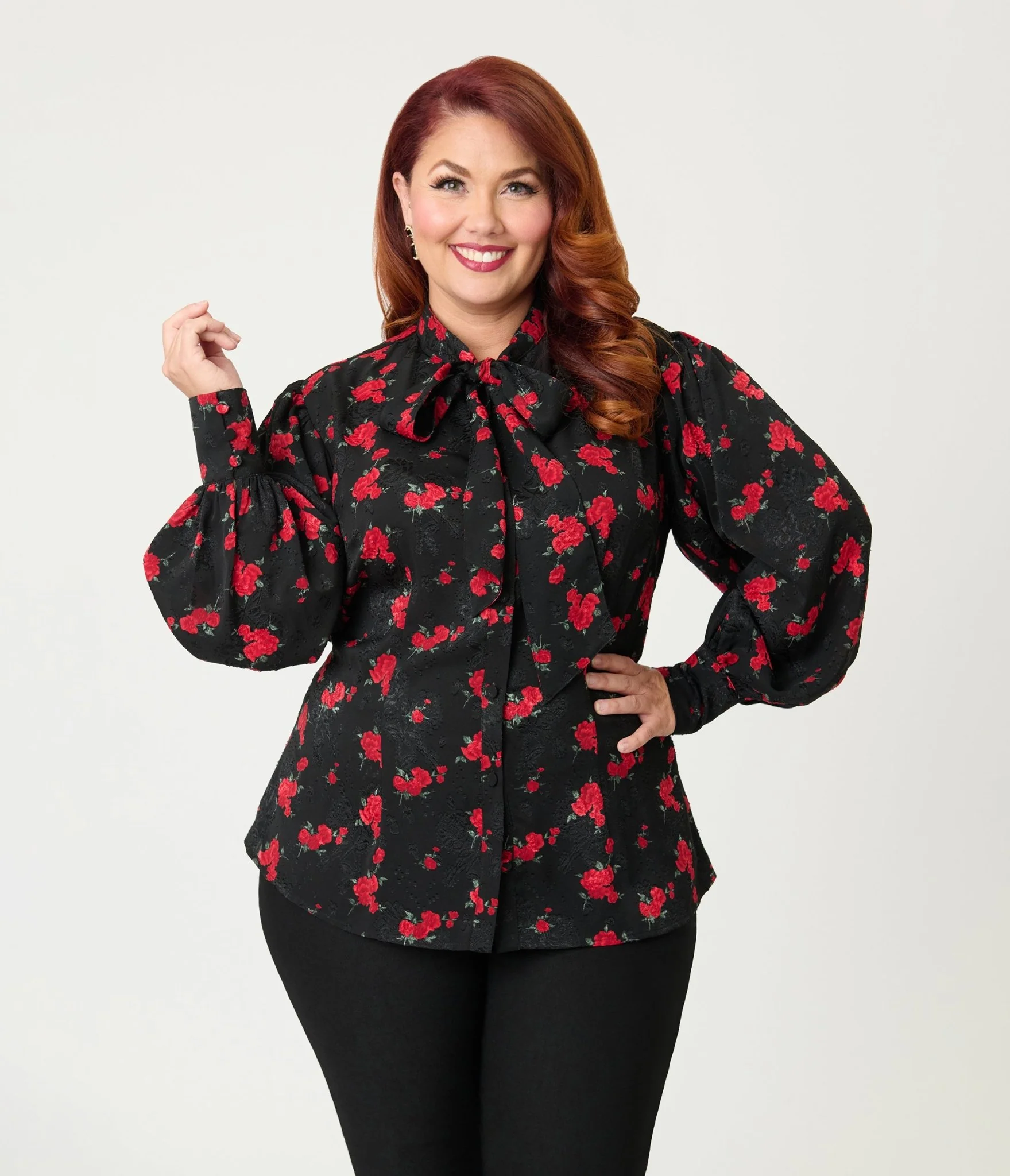 Unique Vintage Plus Size Black & Red Roses Long Sleeve Gwen Blouse - Image 3