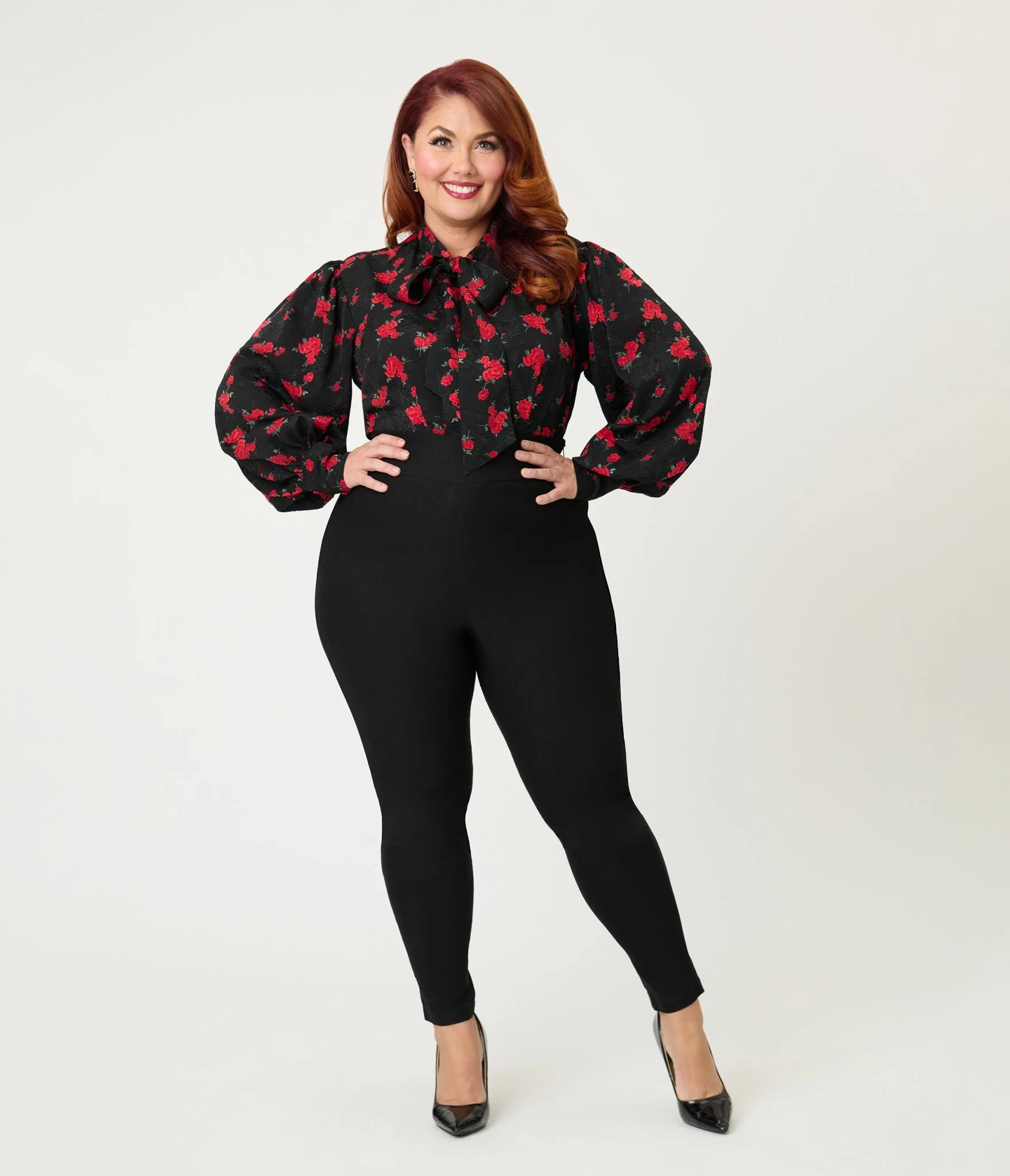 Unique Vintage Plus Size Black & Red Roses Long Sleeve Gwen Blouse - Image 4