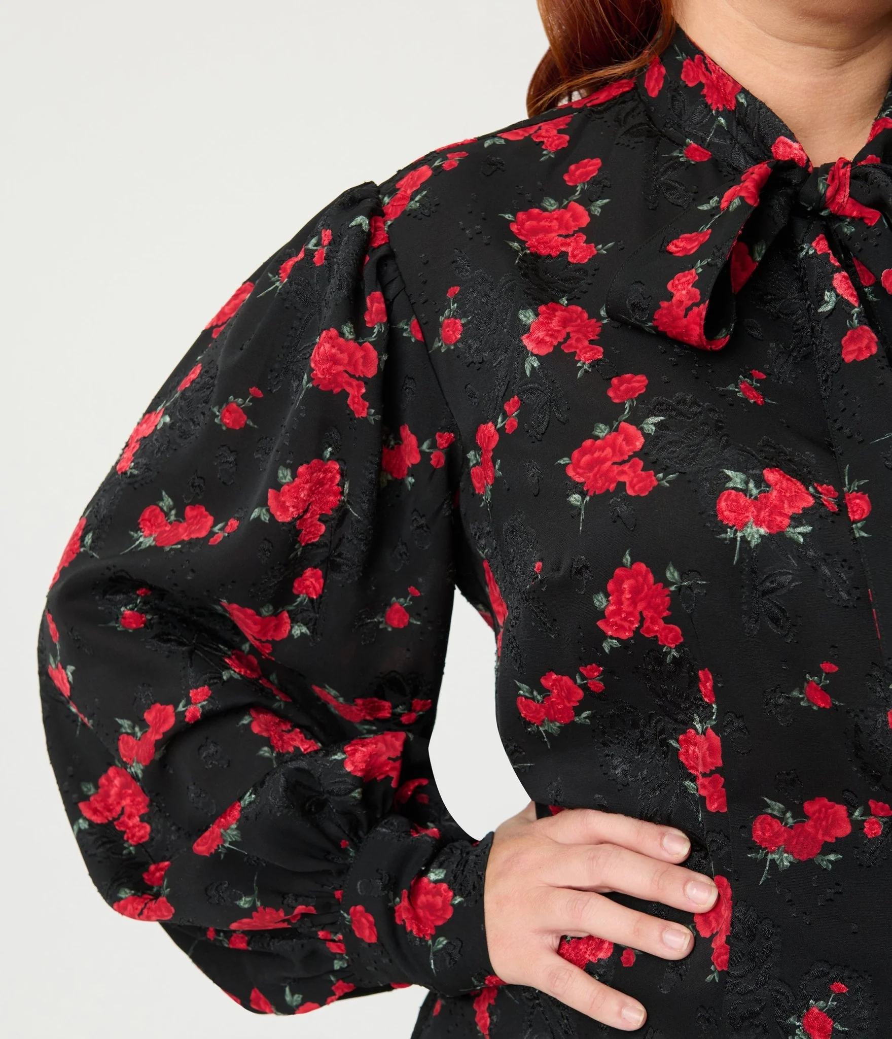 Unique Vintage Plus Size Black & Red Roses Long Sleeve Gwen Blouse - Image 5