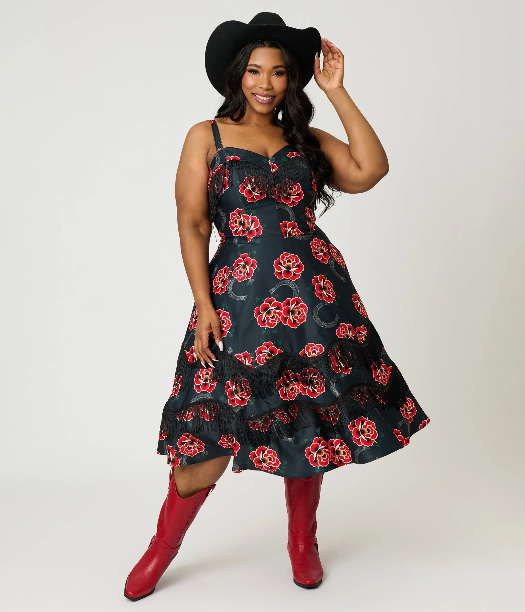 Unique Vintage Plus Size Black & Rose Print Fringe Girlie Swing Dress