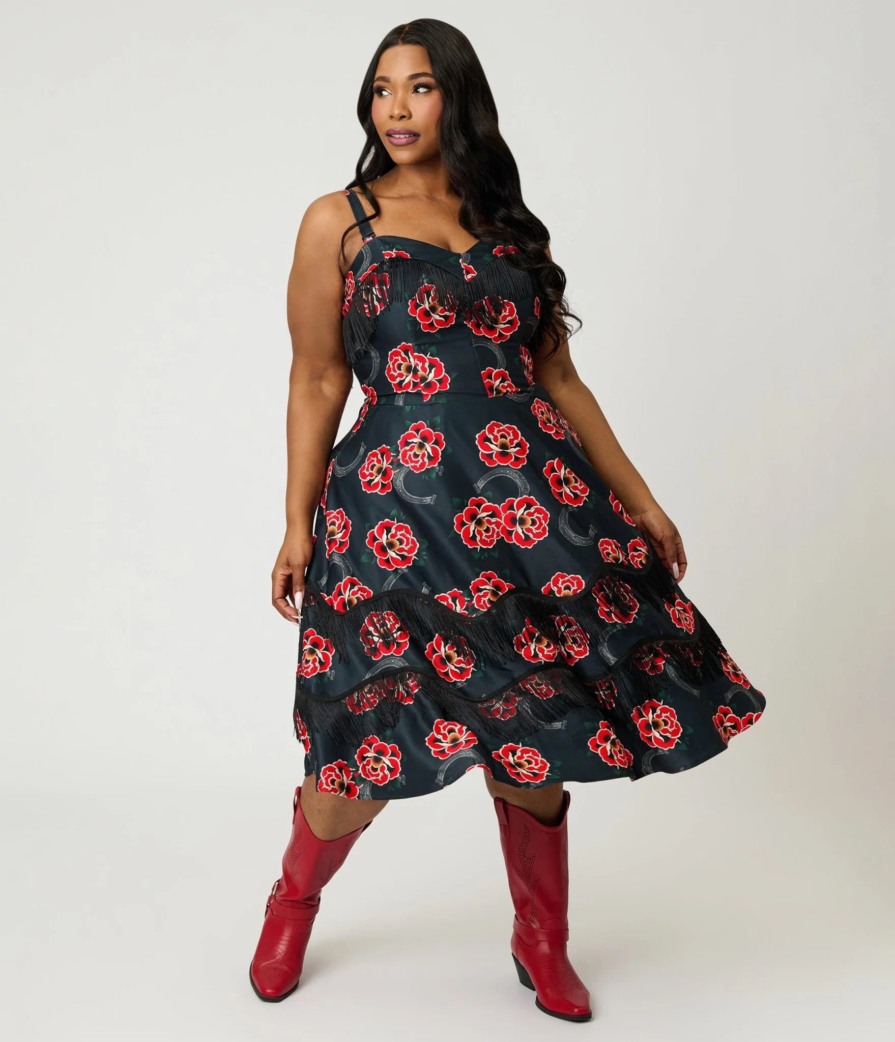 Unique Vintage Plus Size Black & Rose Print Fringe Girlie Swing Dress - Image 3