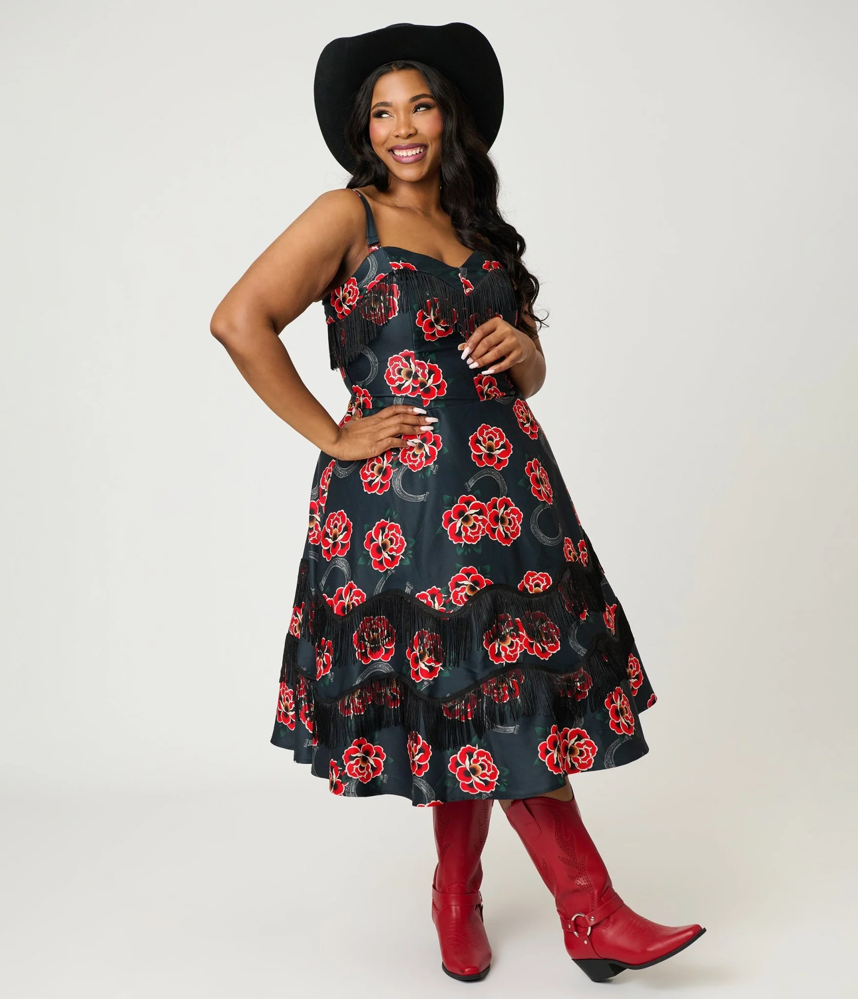 Unique Vintage Plus Size Black & Rose Print Fringe Girlie Swing Dress - Image 4