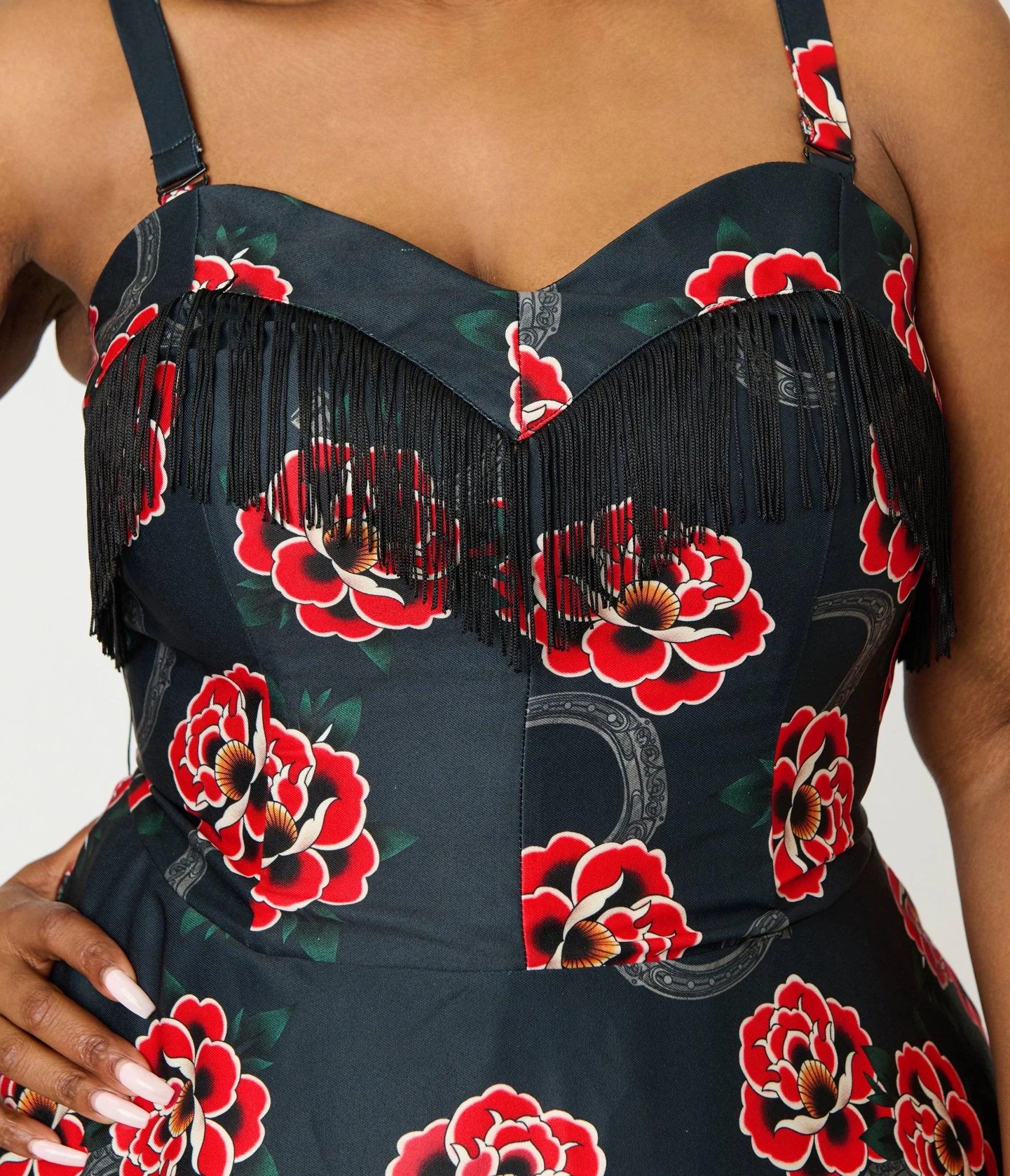 Unique Vintage Plus Size Black & Rose Print Fringe Girlie Swing Dress - Image 5