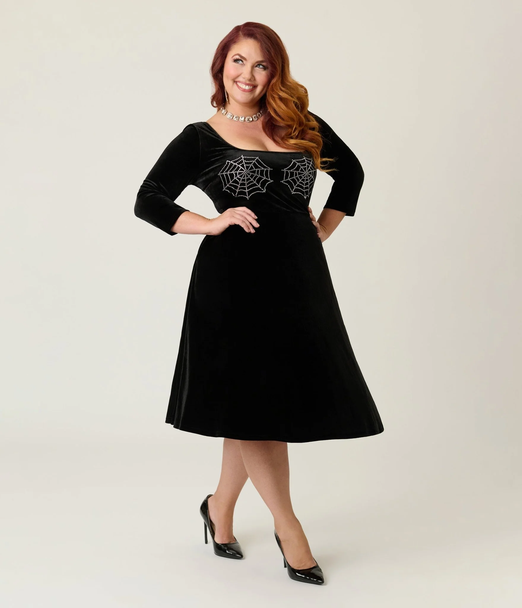 Unique Vintage Plus Size Black Spiderweb Square Neck Swing Dress - Image 3