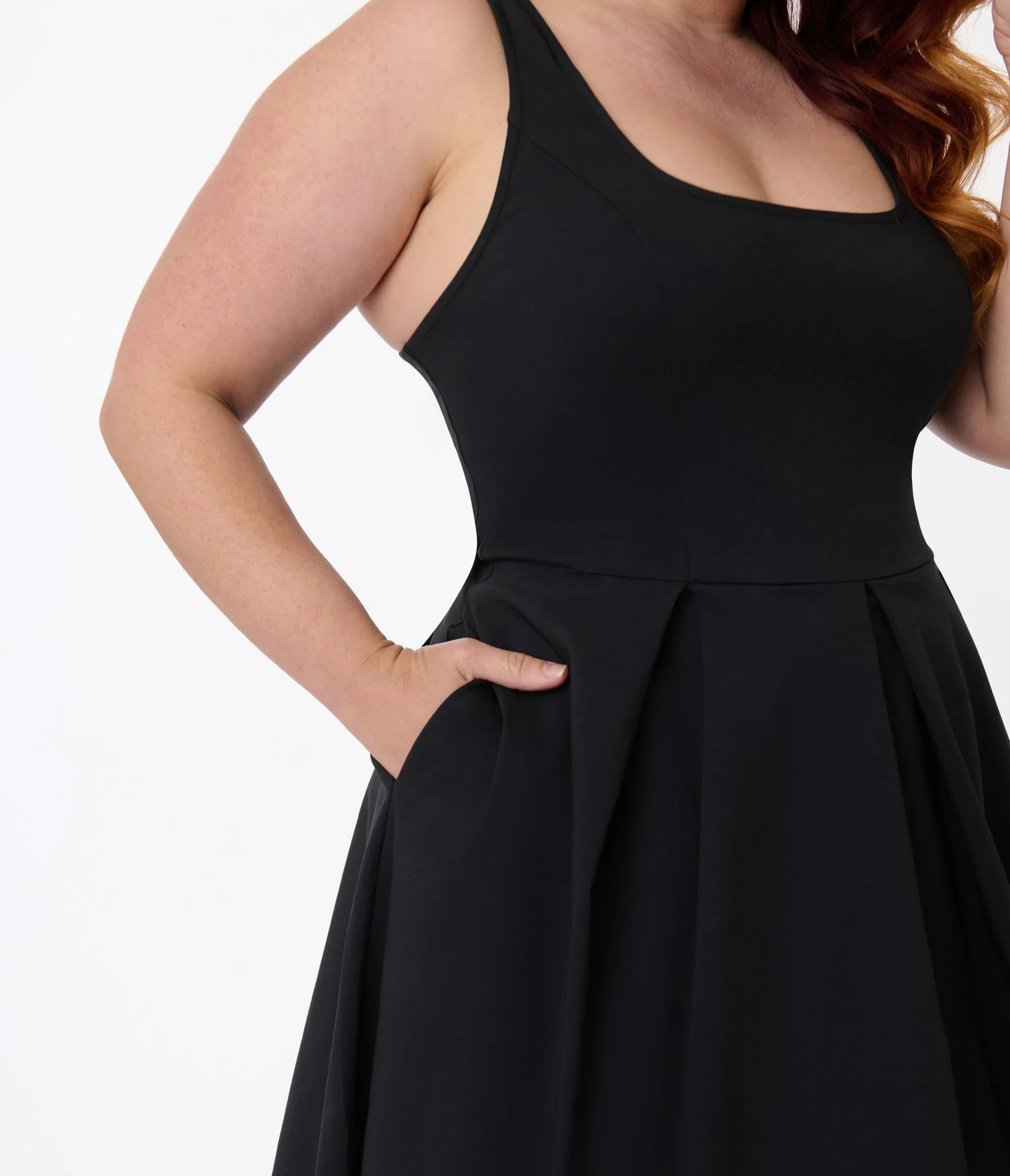 Unique Vintage Plus Size Black Square Neck Pleated Swing Dress - Image 2