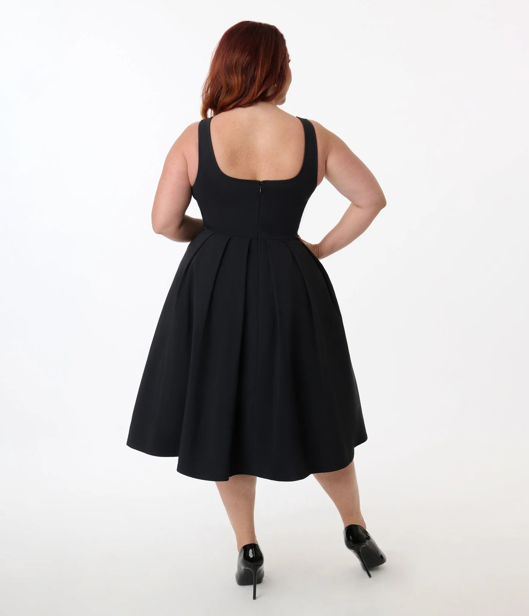 Unique Vintage Plus Size Black Square Neck Pleated Swing Dress - Image 3