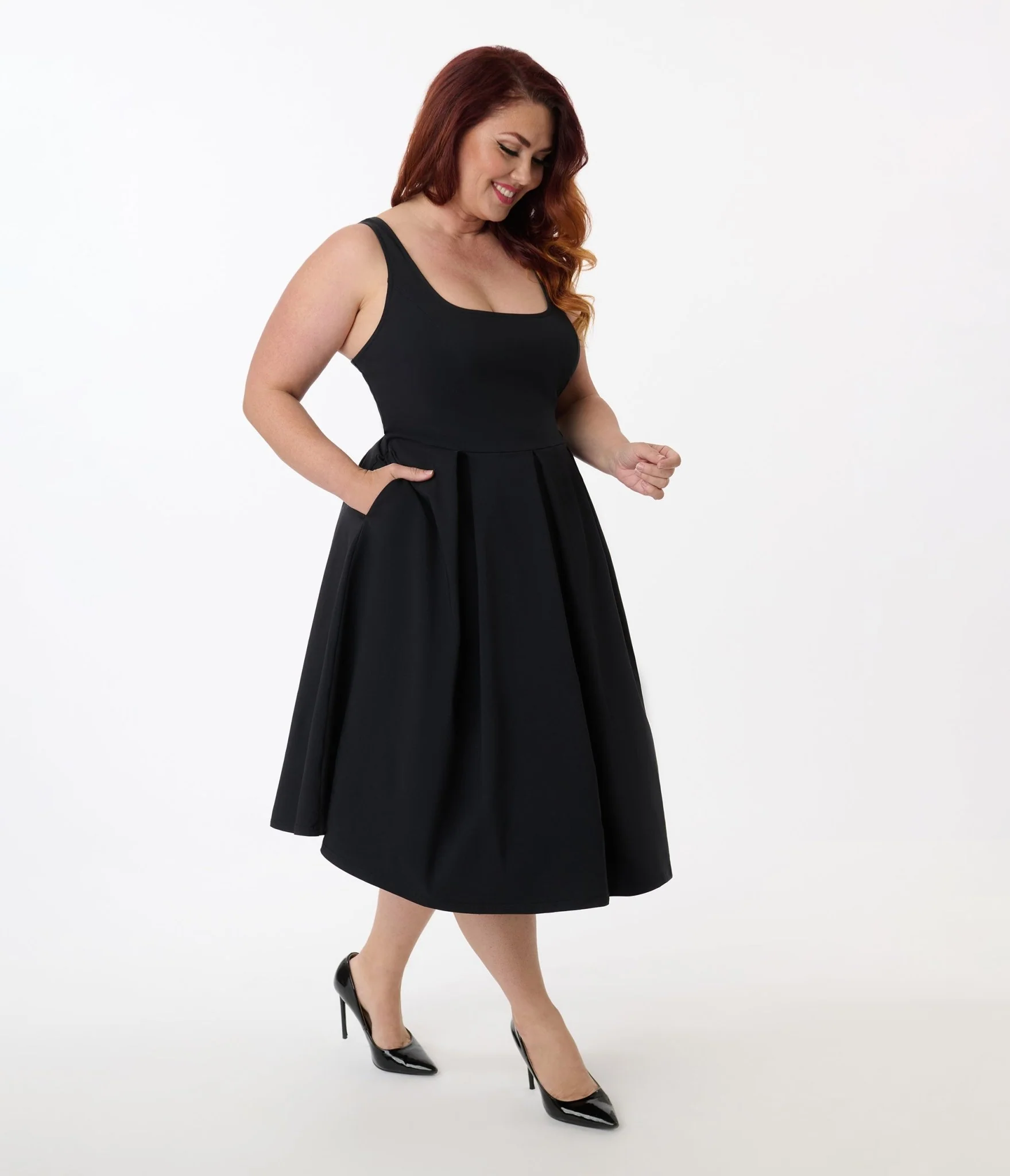 Unique Vintage Plus Size Black Square Neck Pleated Swing Dress - Image 4