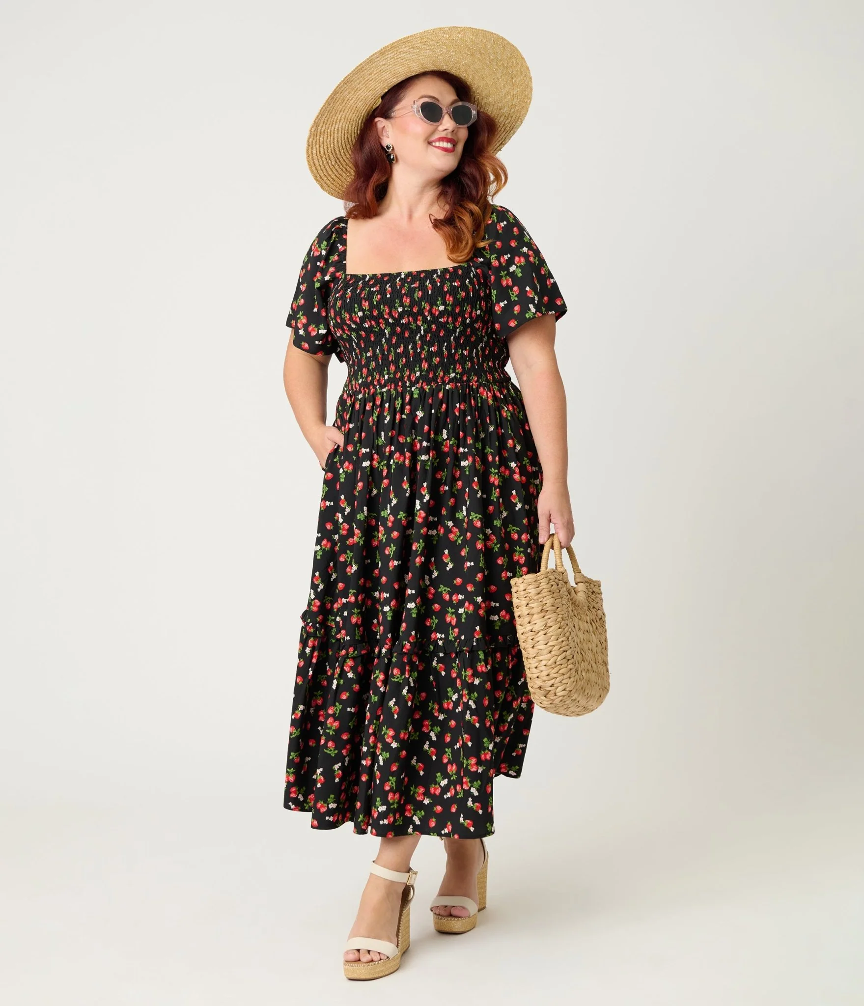 Unique Vintage Plus Size Black & Strawberry Print Smocked Bodice Midi Dress