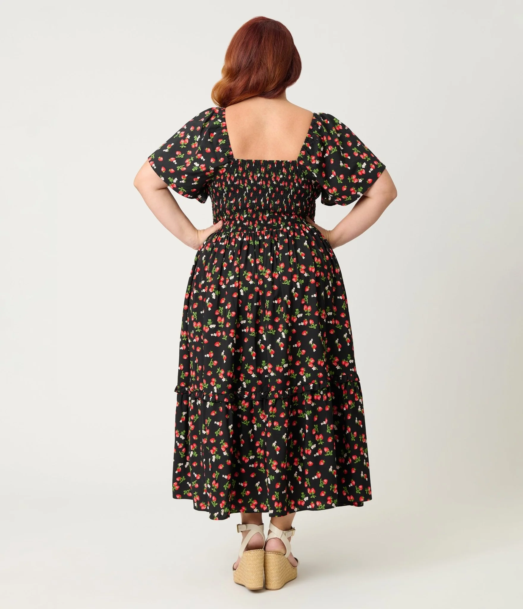 Unique Vintage Plus Size Black & Strawberry Print Smocked Bodice Midi Dress - Image 2