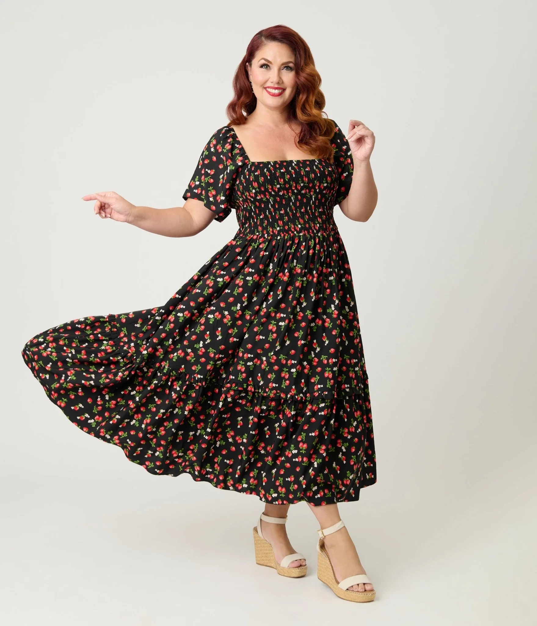 Unique Vintage Plus Size Black & Strawberry Print Smocked Bodice Midi Dress - Image 3