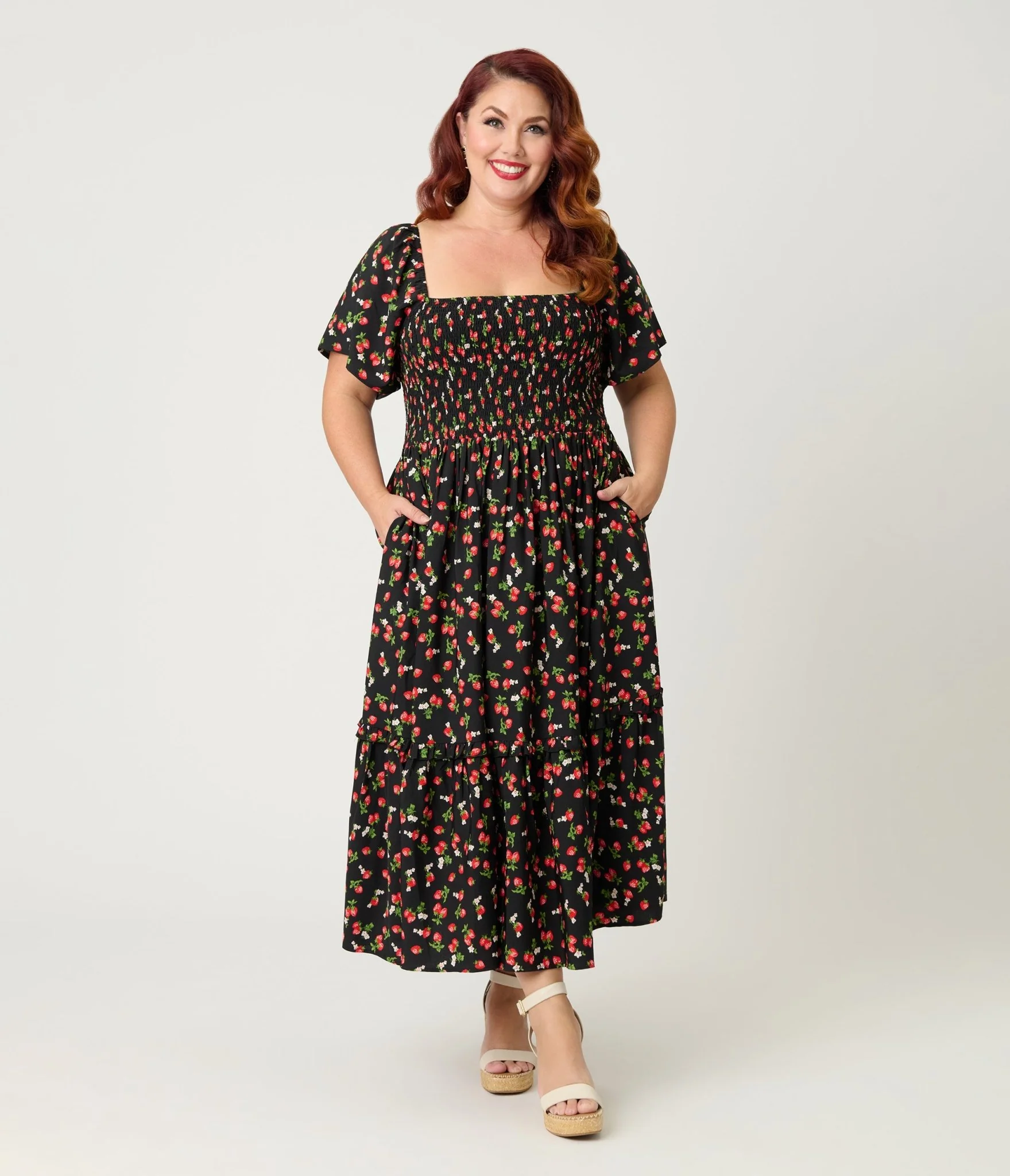 Unique Vintage Plus Size Black & Strawberry Print Smocked Bodice Midi Dress - Image 4
