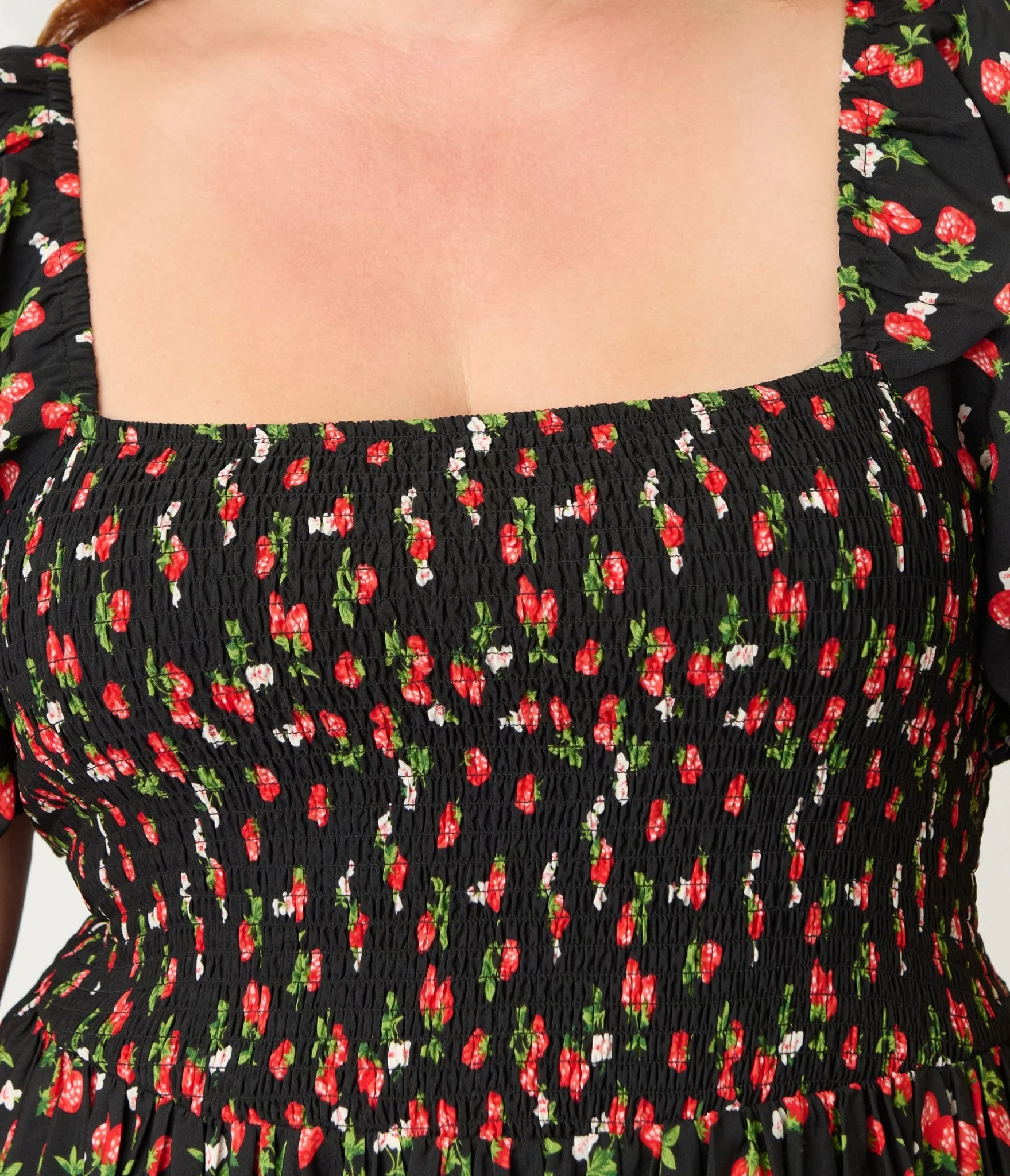 Unique Vintage Plus Size Black & Strawberry Print Smocked Bodice Midi Dress - Image 5