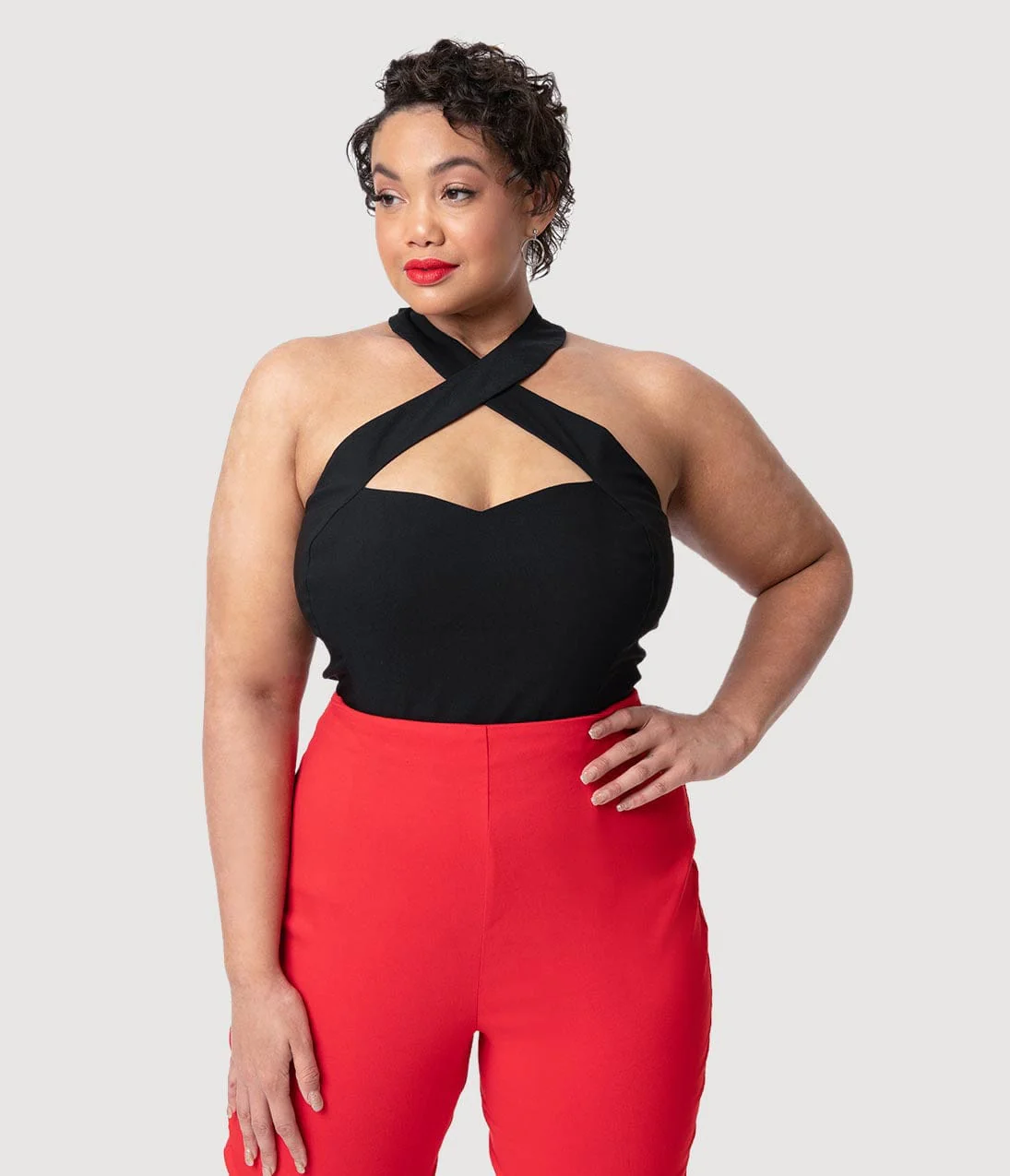 Unique Vintage Plus Size Black Stretch Rita Criss Cross Halter Top - Image 3
