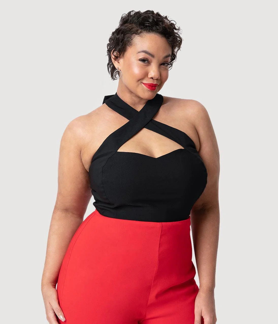 Unique Vintage Plus Size Black Stretch Rita Criss Cross Halter Top - Image 4