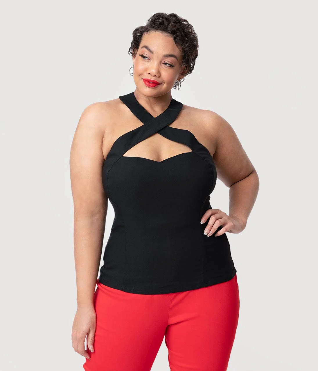 Unique Vintage Plus Size Black Stretch Rita Criss Cross Halter Top - Image 5