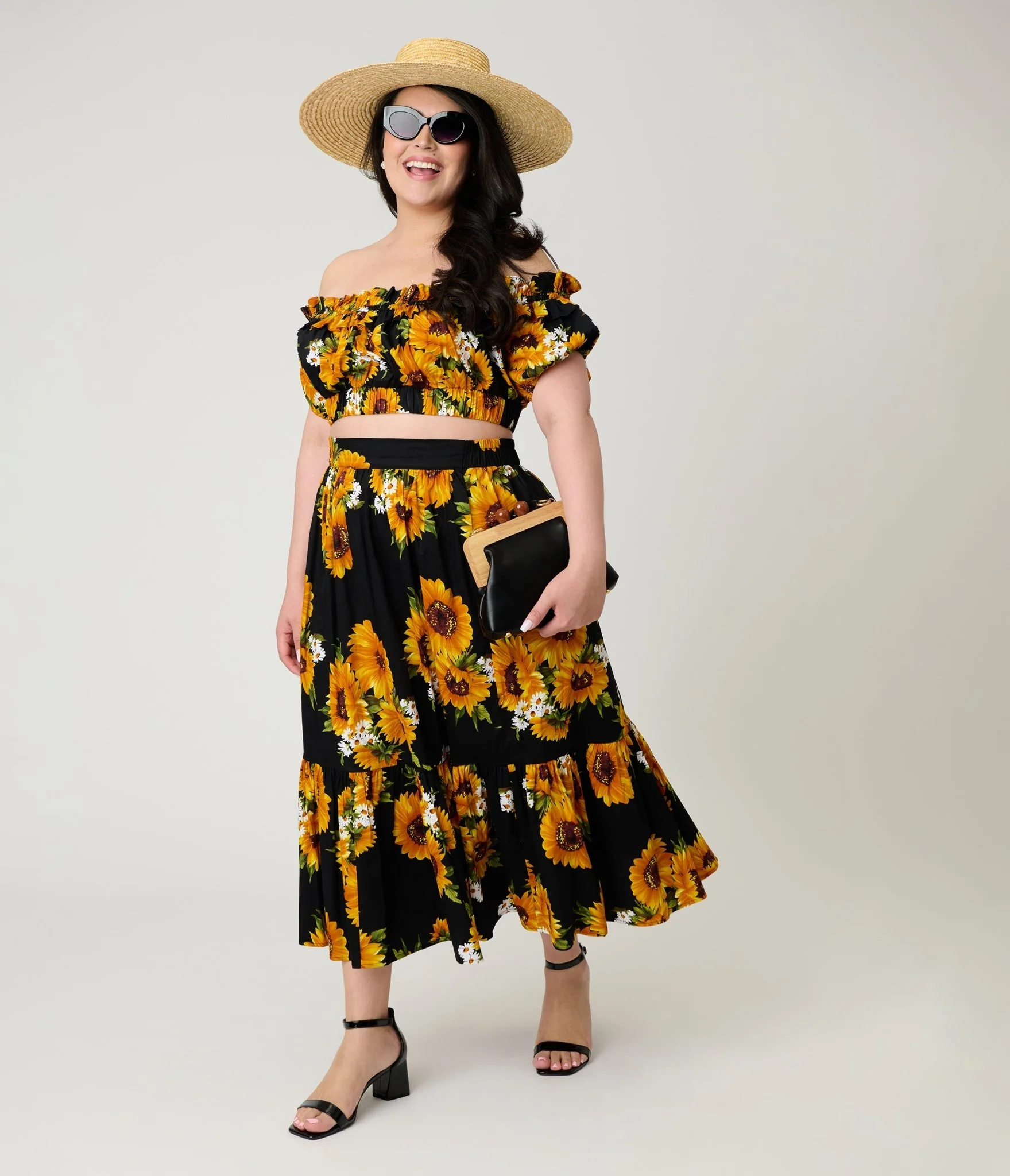 Unique Vintage Plus Size Black Sunflower Ruffle Up Crop Top - Image 4