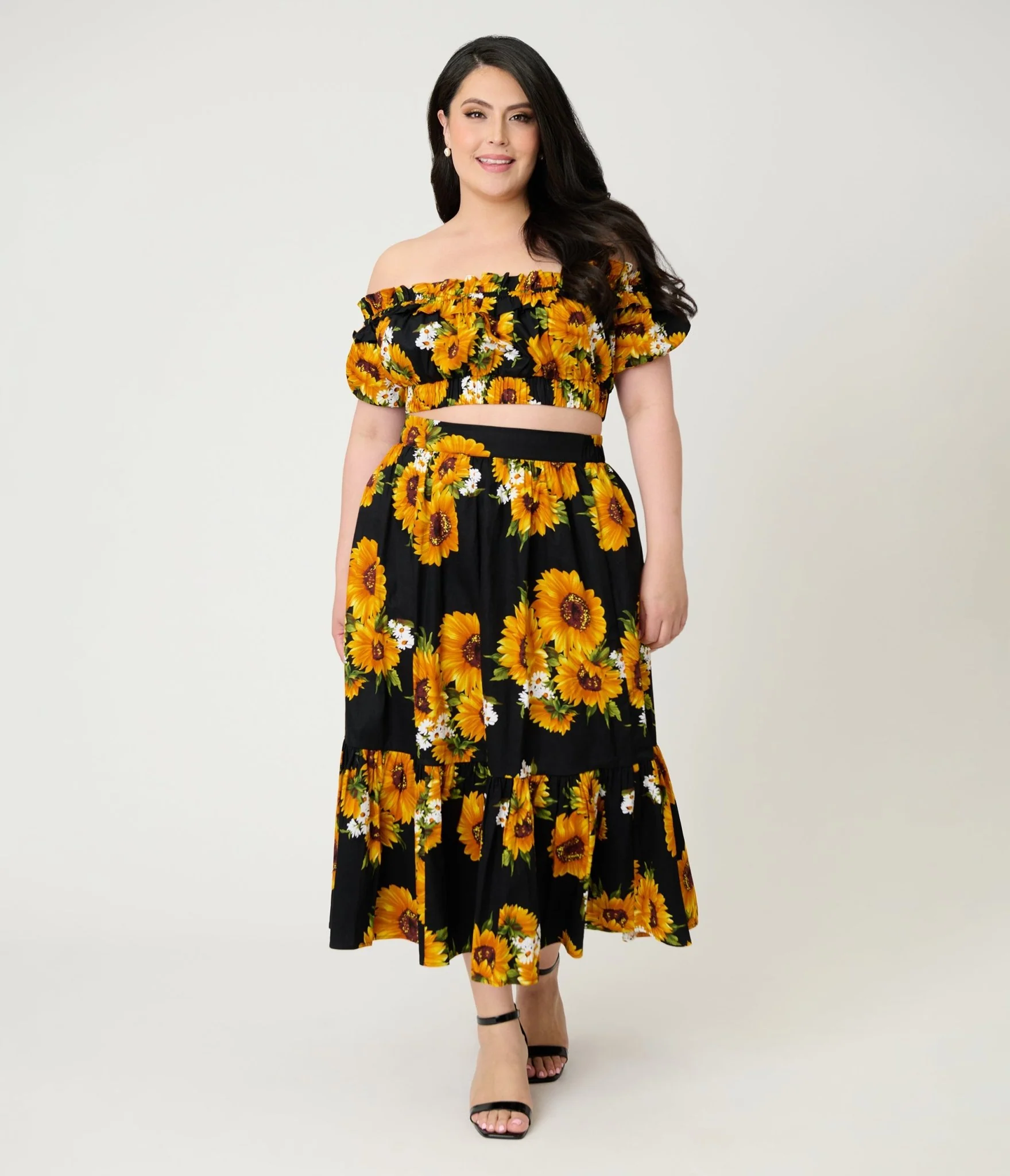 Unique Vintage Plus Size Black Sunflower Ruffle Up Crop Top - Image 5
