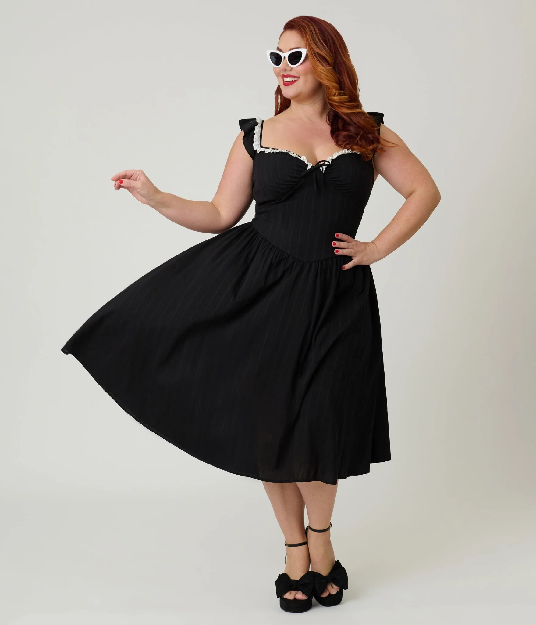 Unique Vintage Plus Size Black Sweetheart Flutter Sleeve Swing Dress
