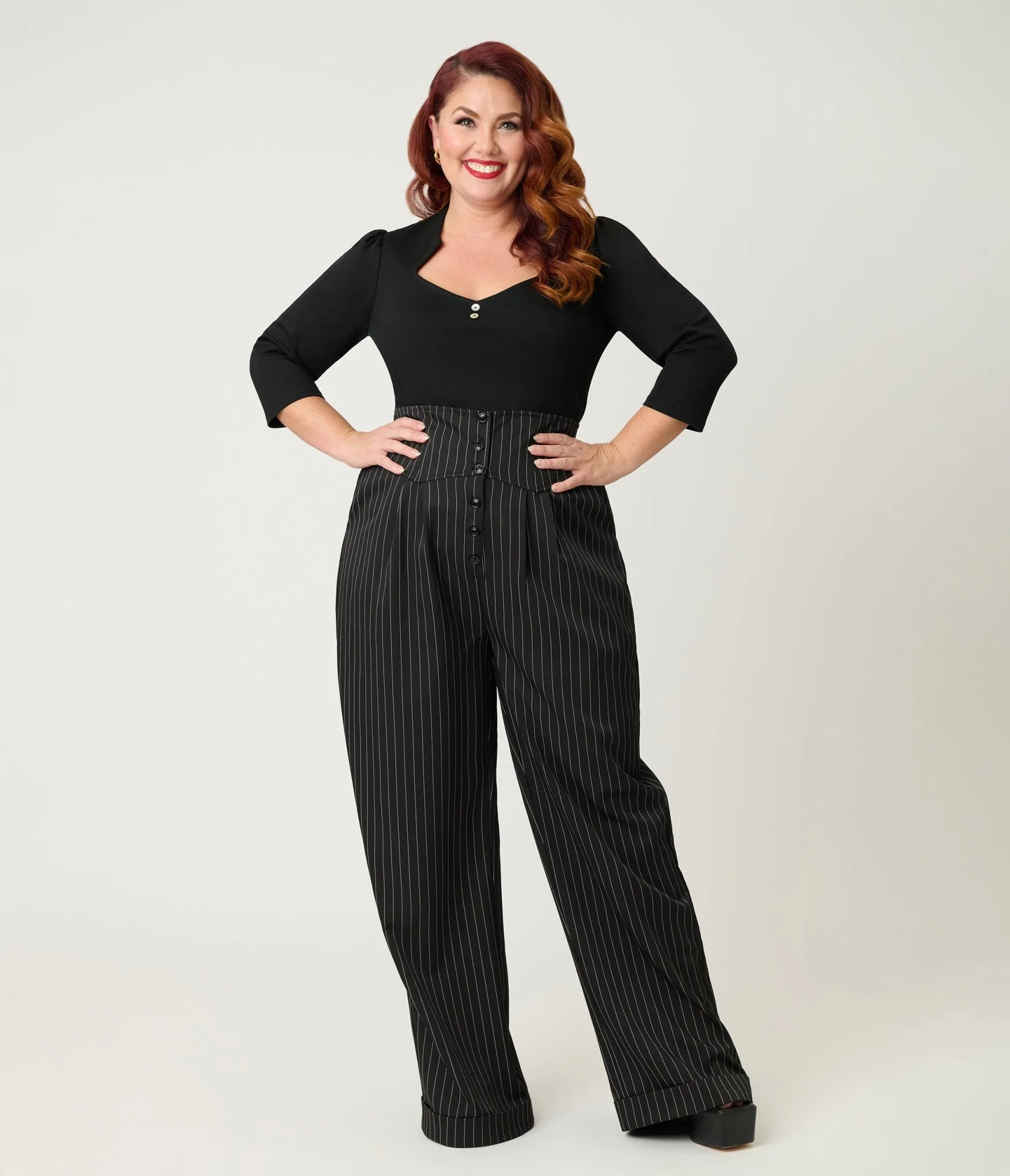 Unique Vintage Plus Size Black Three Quarter Length Sleeve Pentagon Collar Top - Image 4