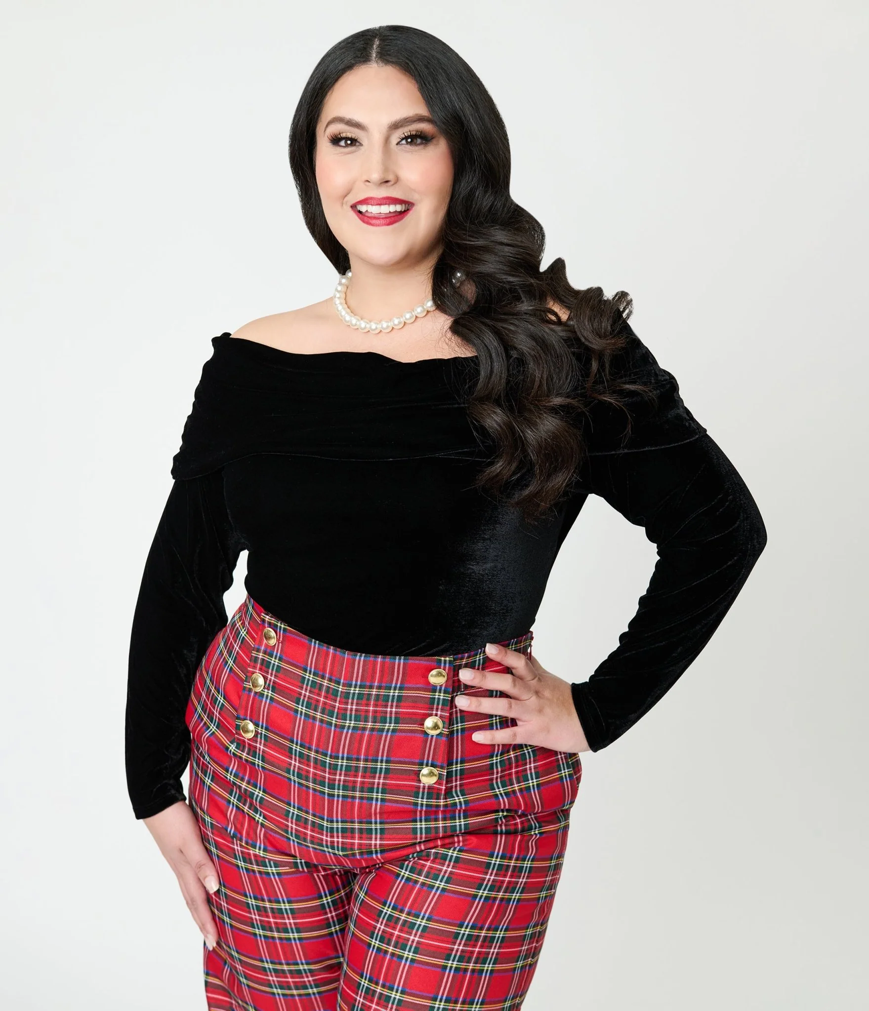 Unique Vintage Plus Size Black Velvet Folded Shoulder Knit Top