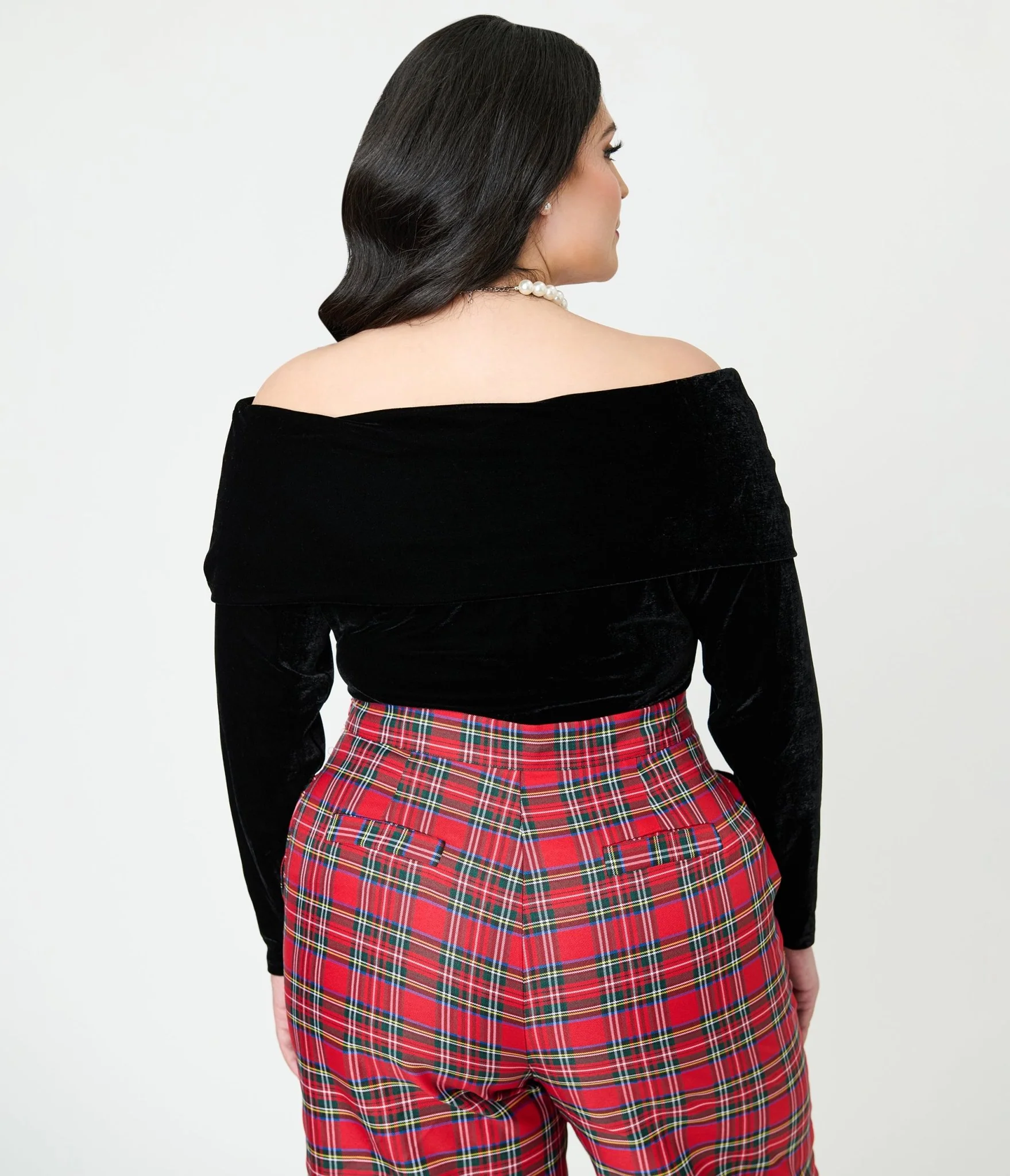 Unique Vintage Plus Size Black Velvet Folded Shoulder Knit Top - Image 2