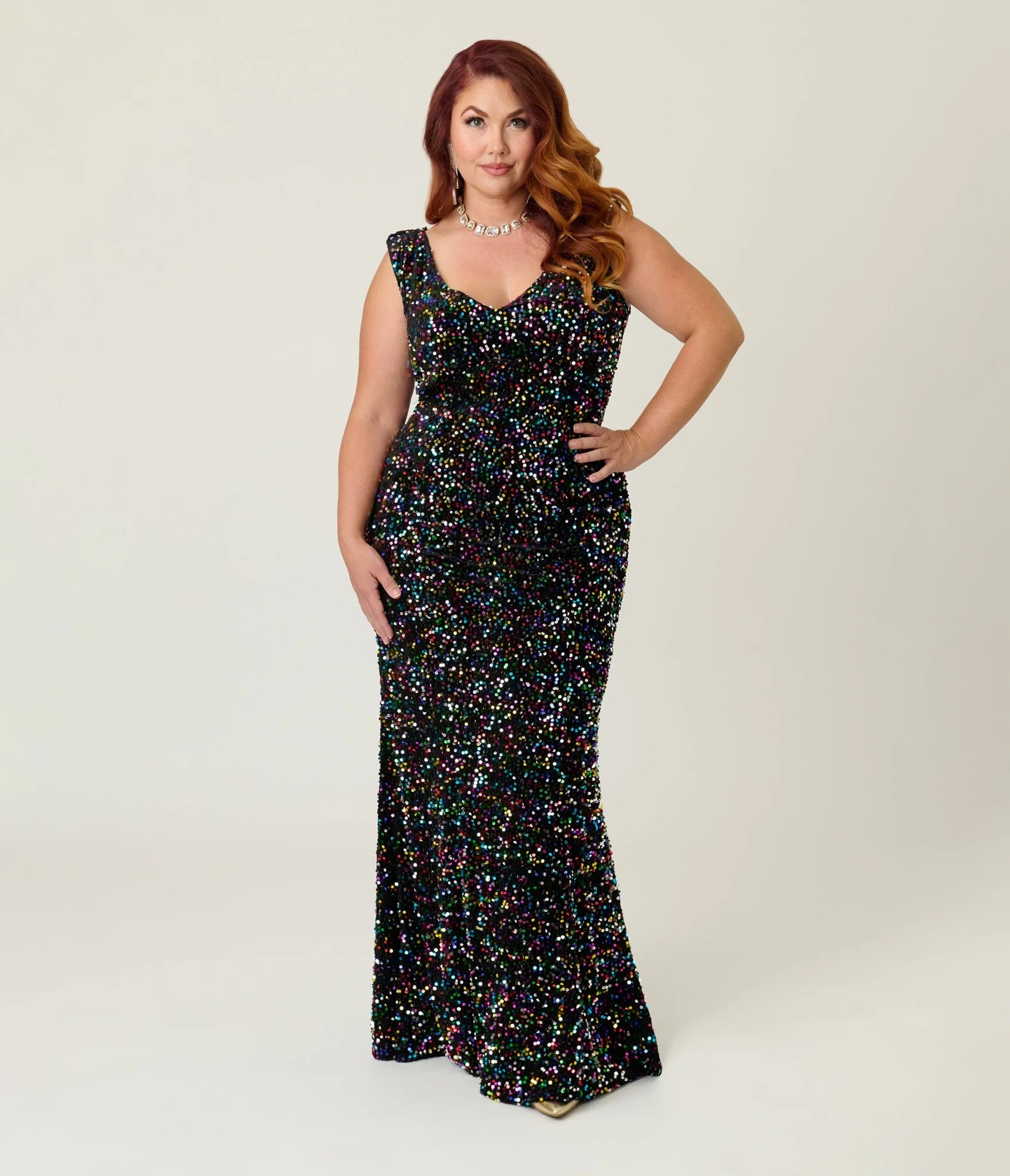 Unique Vintage Plus Size Black Velvet & Rainbow Sequin Goldwyn Gown