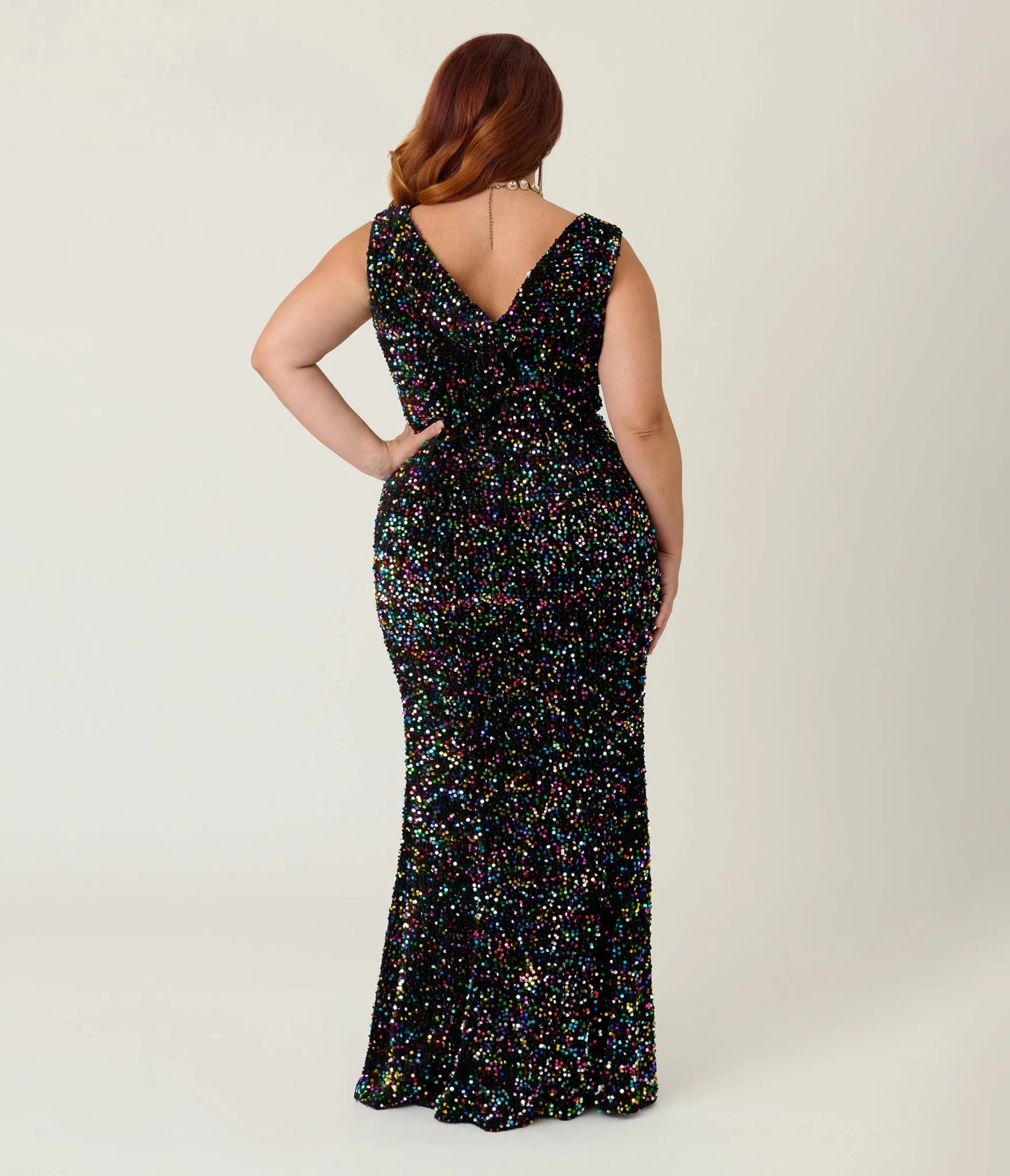Unique Vintage Plus Size Black Velvet & Rainbow Sequin Goldwyn Gown - Image 2