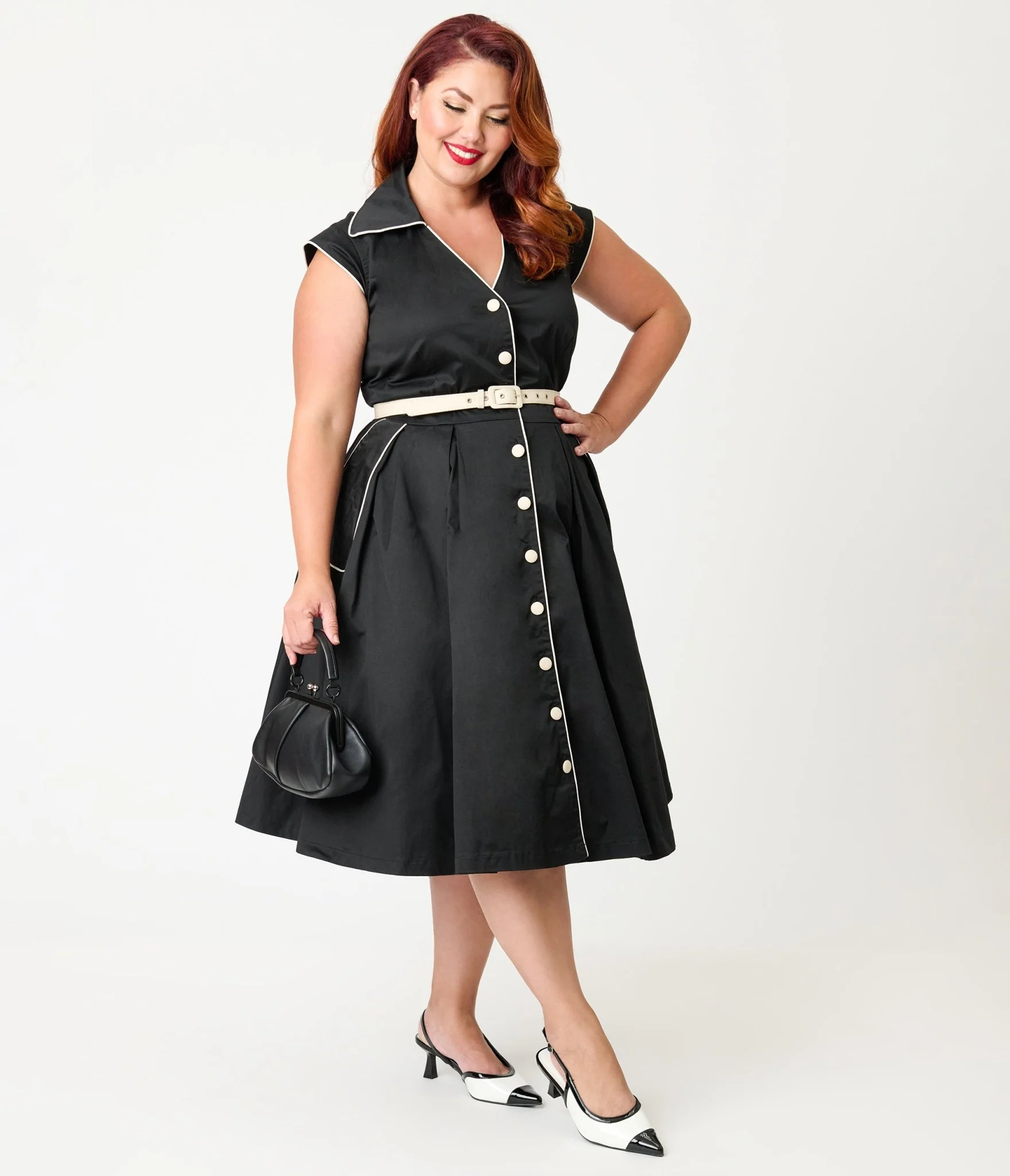Unique Vintage Plus Size Black & White Cotton Shirt Swing Dress - Image 3