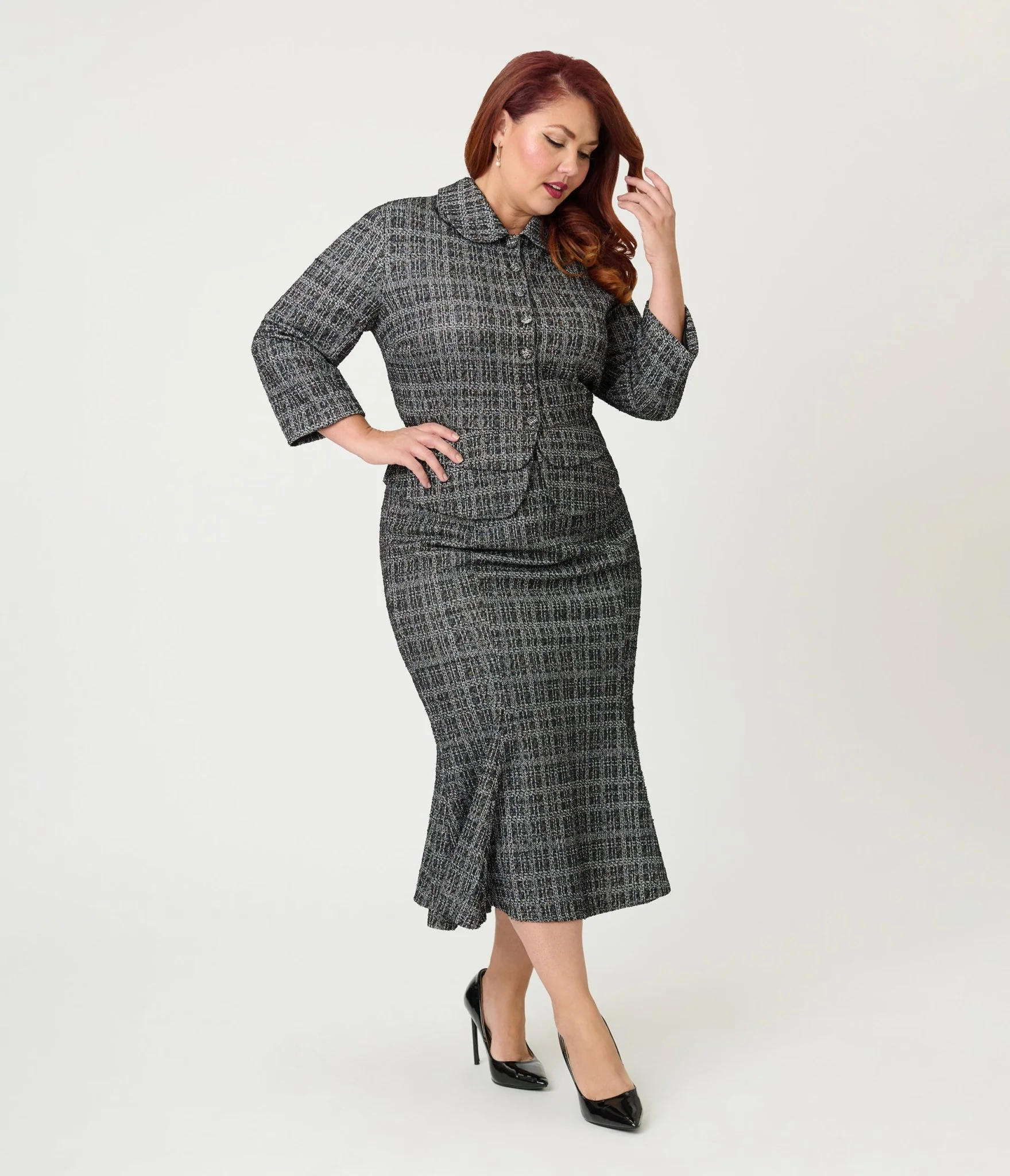 Unique Vintage Plus Size Black & White Plaid Boucle Peplum Jacket - Image 3