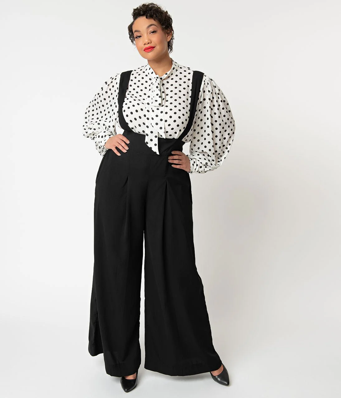 Unique Vintage Plus Size Black Wide Leg Rochelle Suspender Pants - Image 3