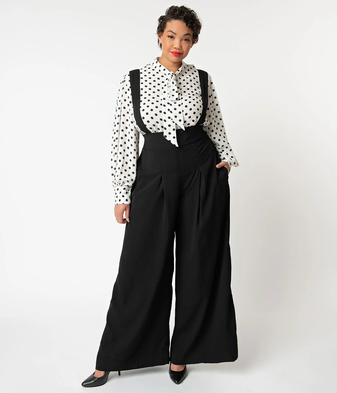 Unique Vintage Plus Size Black Wide Leg Rochelle Suspender Pants - Image 4