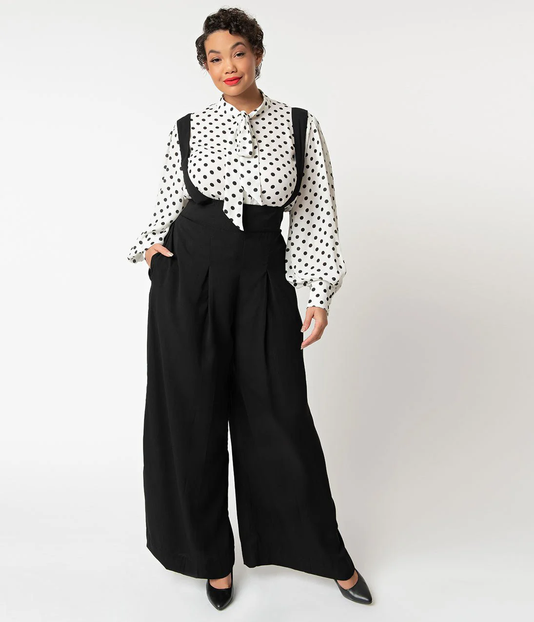 Unique Vintage Plus Size Black Wide Leg Rochelle Suspender Pants - Image 5