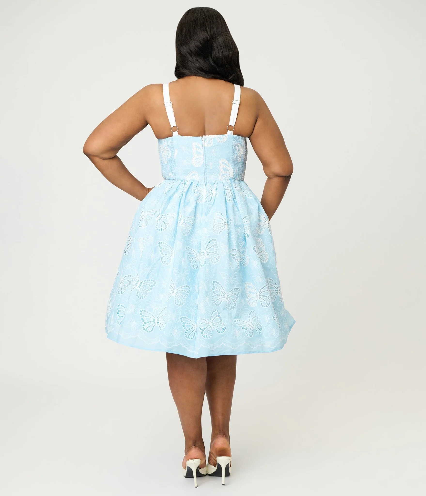 Unique Vintage Plus Size Blue Butterfly Eyelet Swing Dress - Image 2