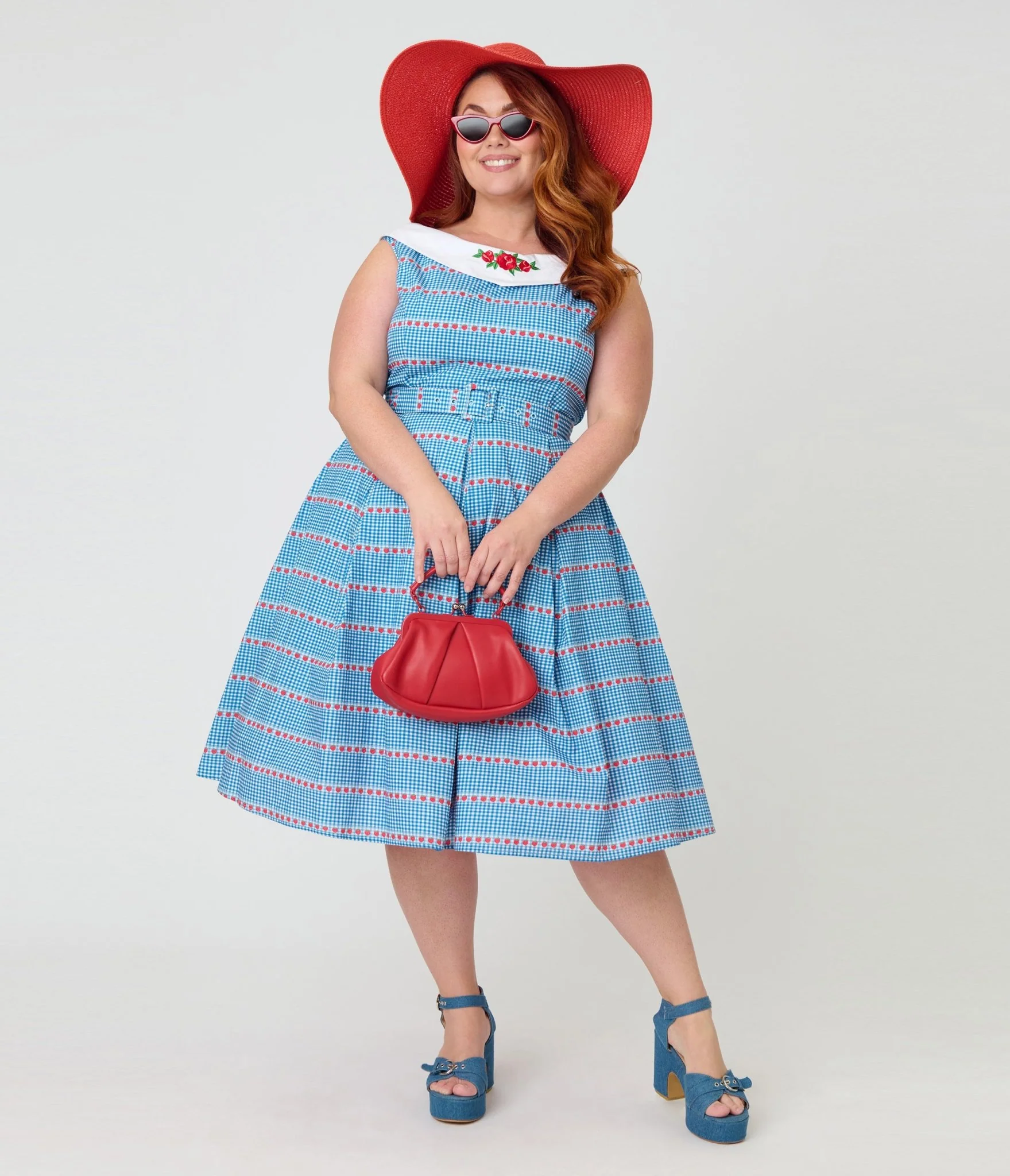 Unique Vintage Plus Size Blue Gingham & Strawberries Swing Dress