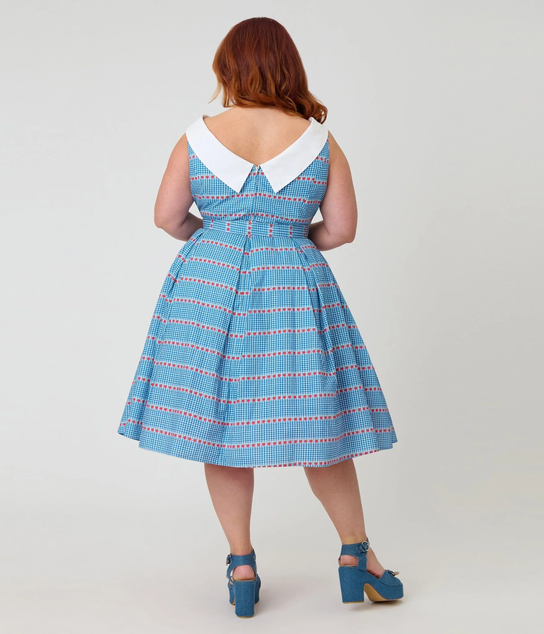 Unique Vintage Plus Size Blue Gingham & Strawberries Swing Dress - Image 2