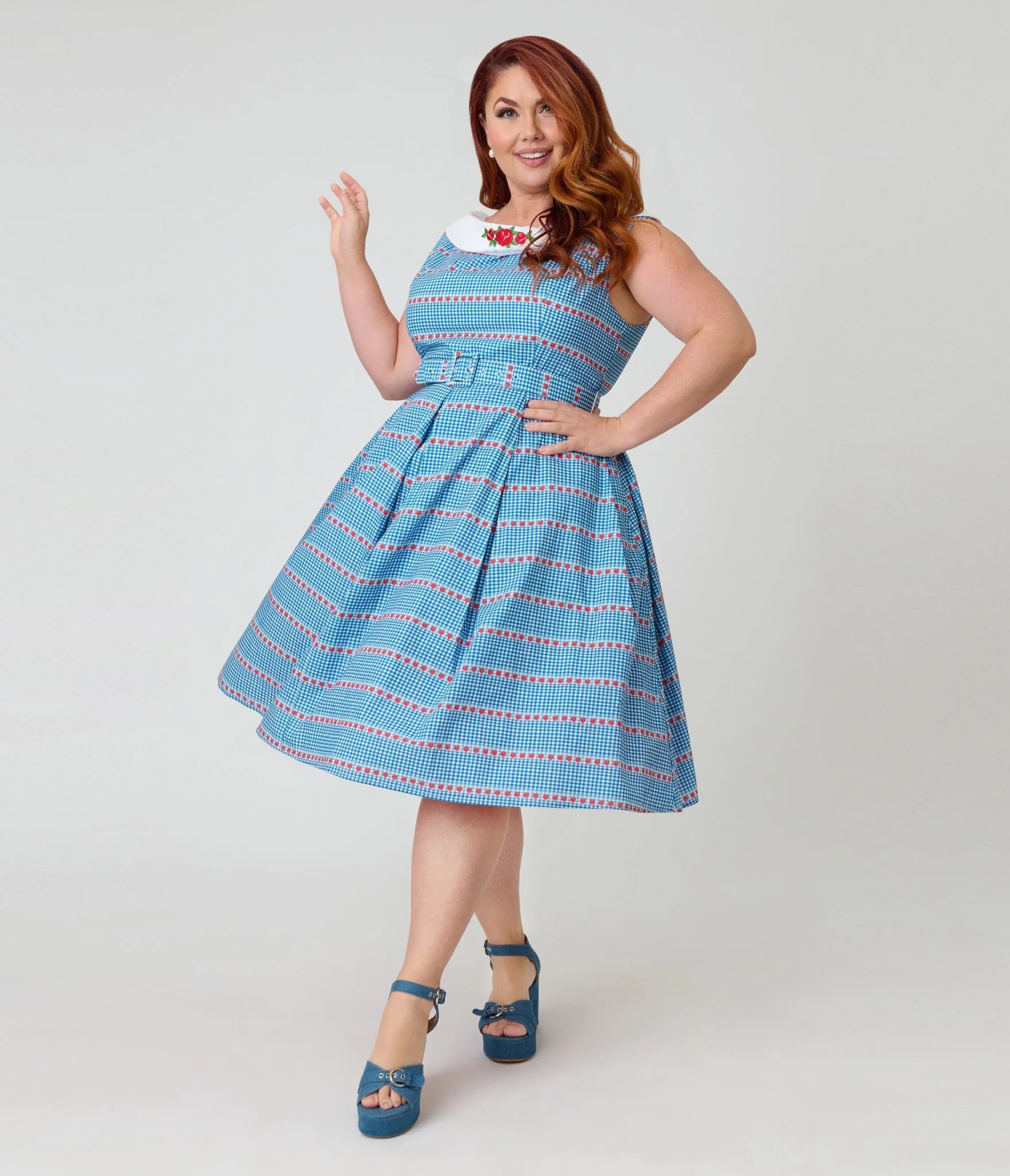 Unique Vintage Plus Size Blue Gingham & Strawberries Swing Dress - Image 3