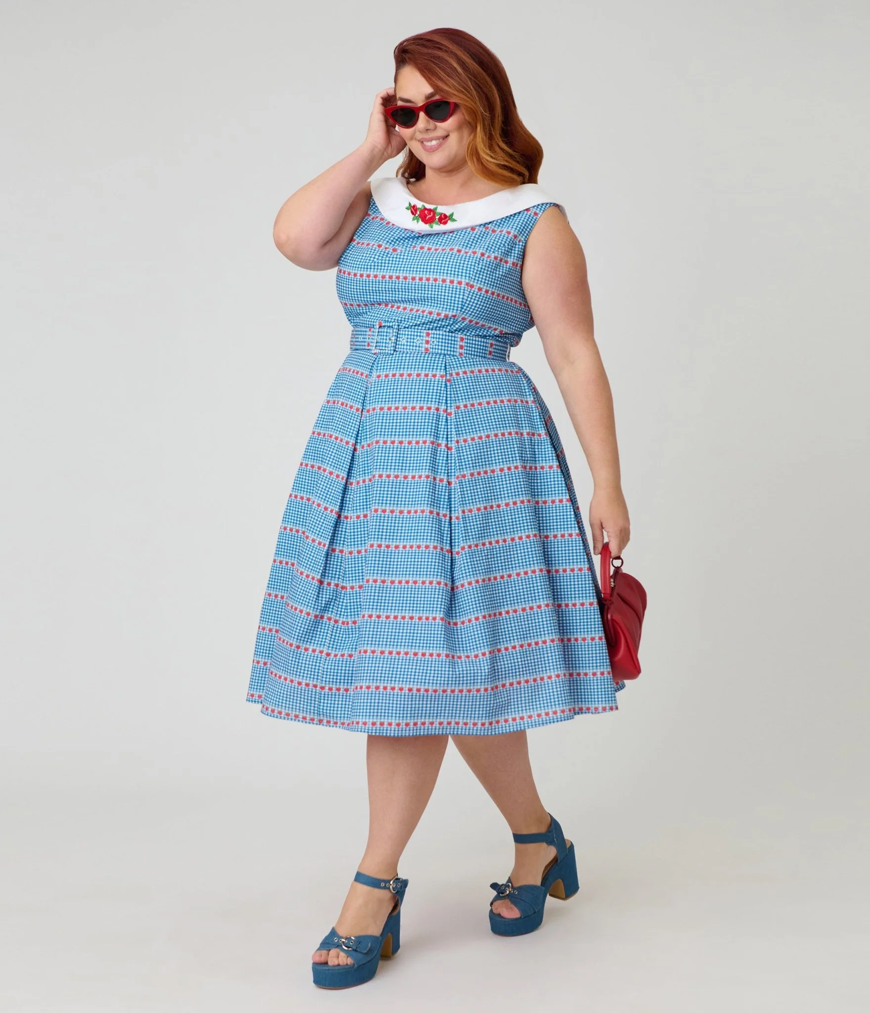 Unique Vintage Plus Size Blue Gingham & Strawberries Swing Dress - Image 4