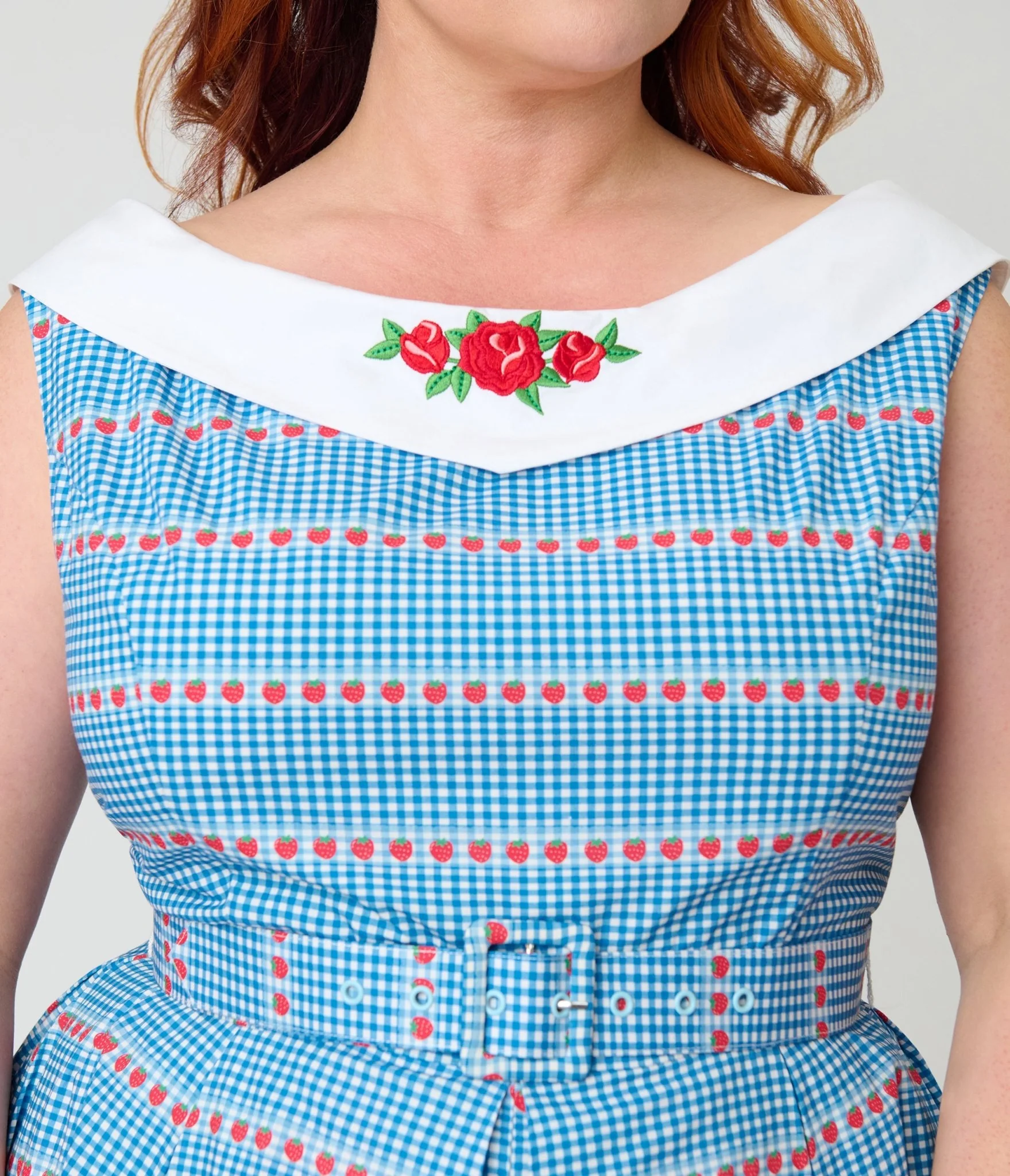 Unique Vintage Plus Size Blue Gingham & Strawberries Swing Dress - Image 5