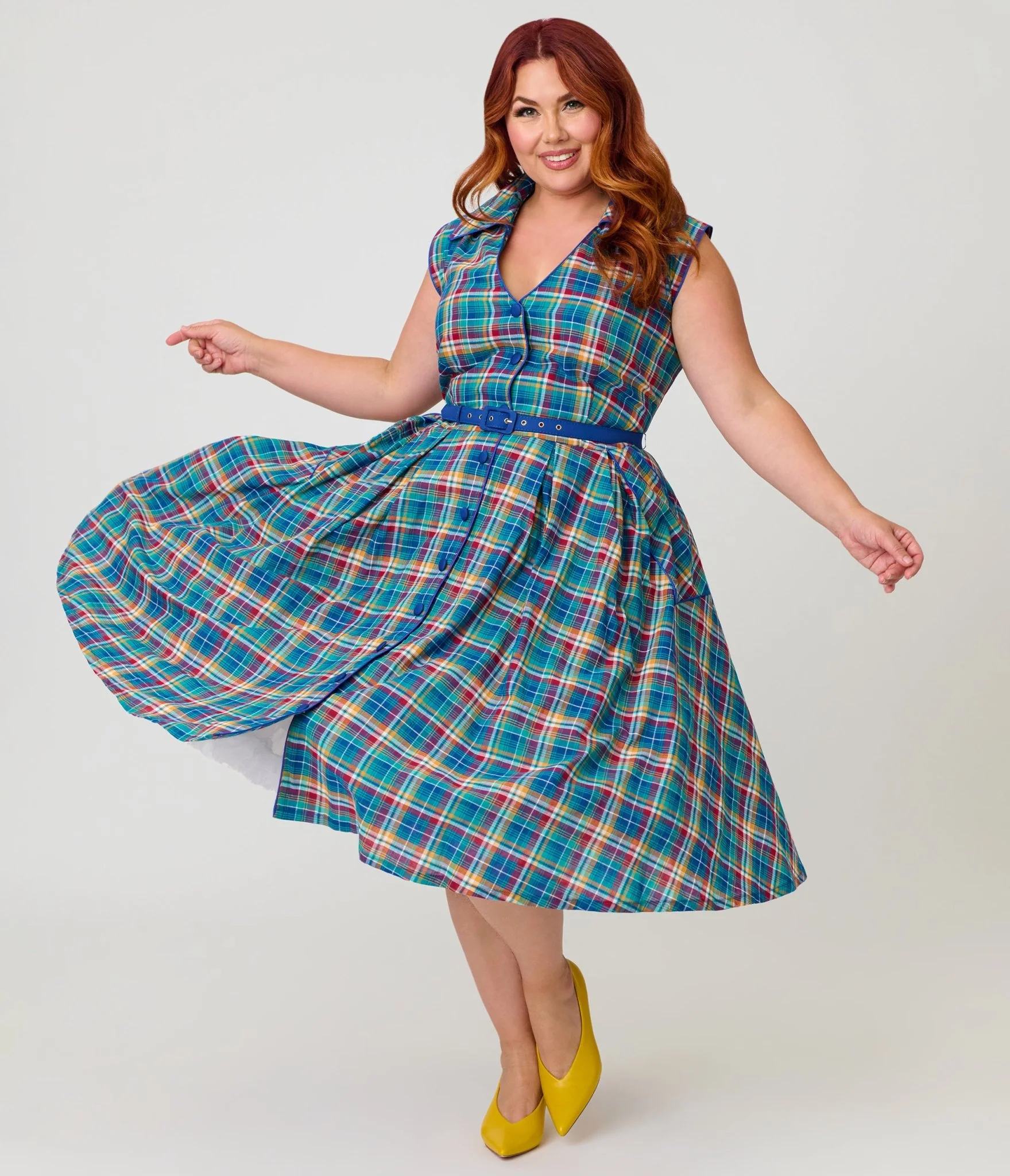 Unique Vintage Plus Size Blue Madras Plaid Shirt Swing Dress - Image 3