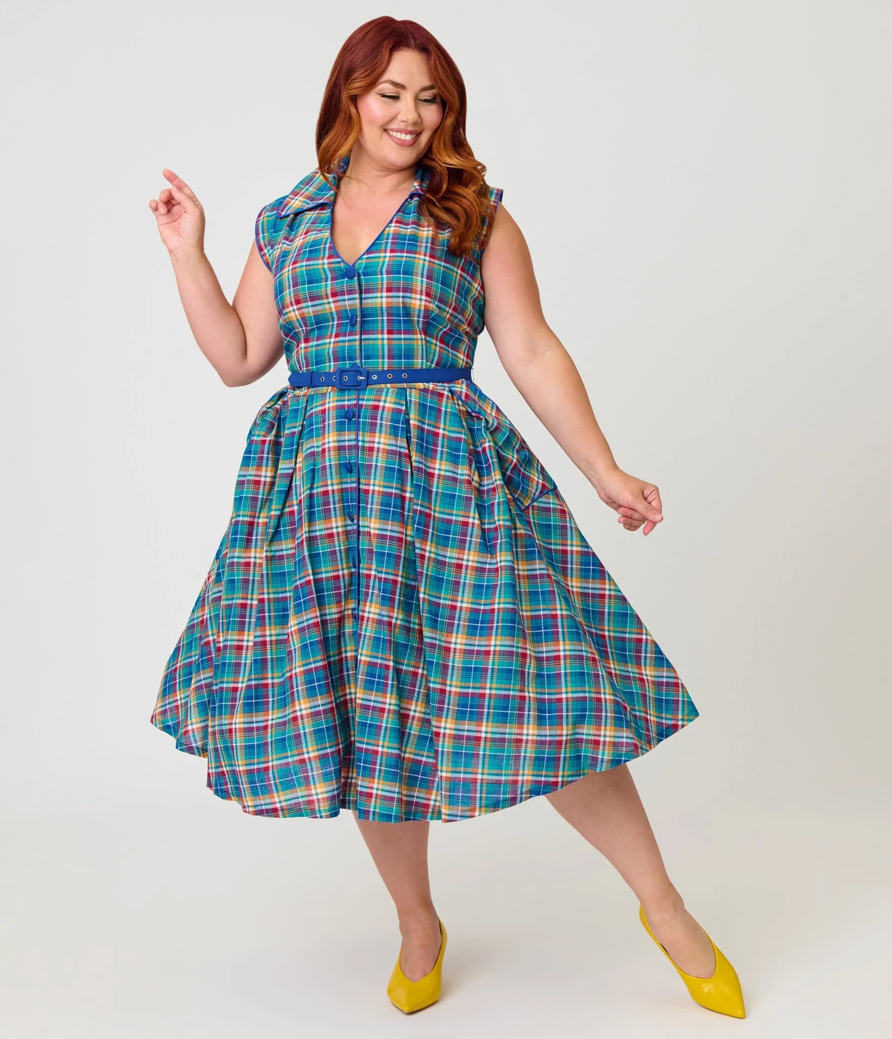Unique Vintage Plus Size Blue Madras Plaid Shirt Swing Dress - Image 4
