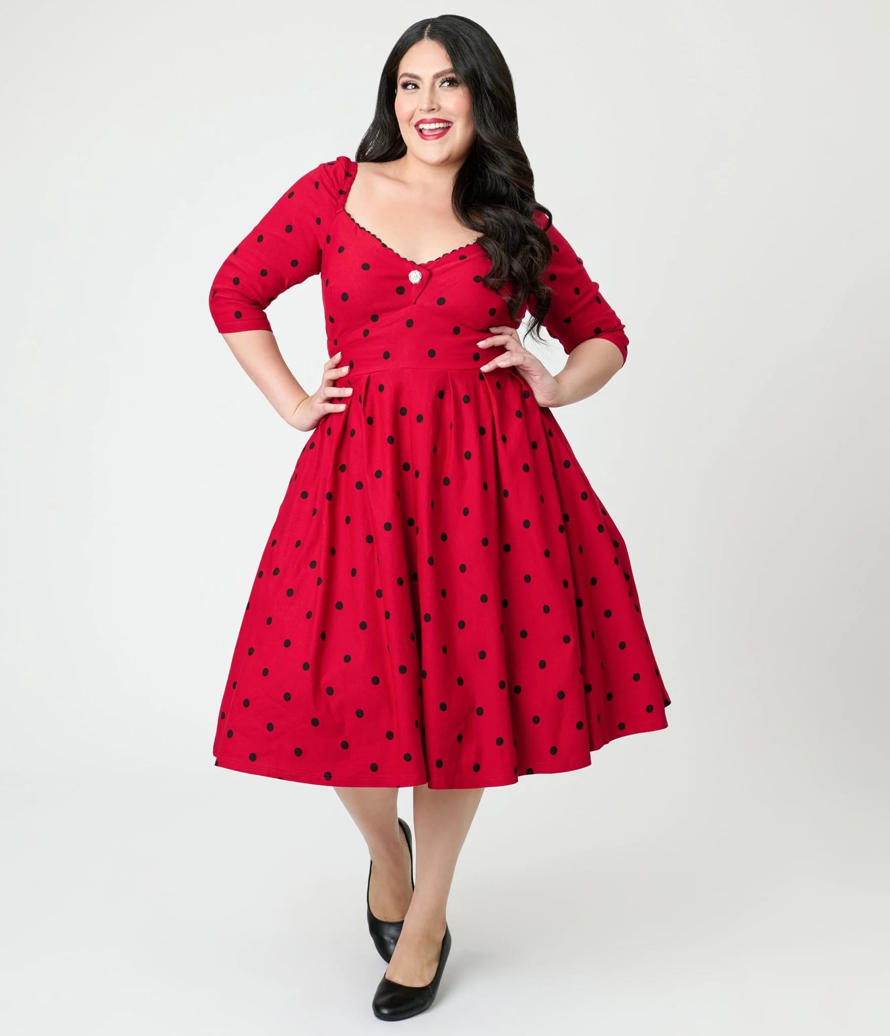 Unique Vintage Plus Size Burgundy & Black Dot Sweetheart Lamar Swing Dress