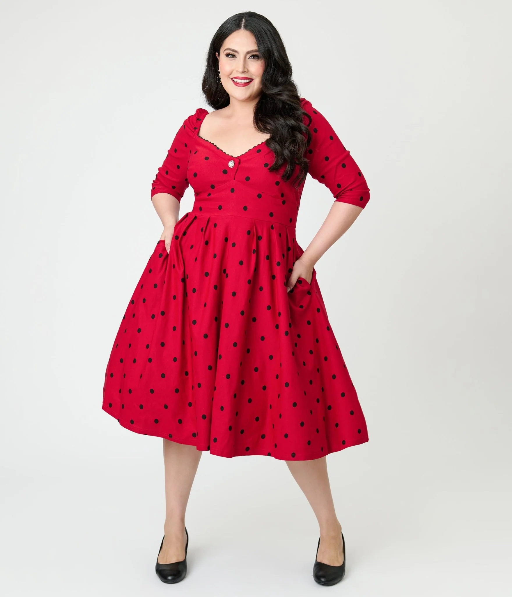 Unique Vintage Plus Size Burgundy & Black Dot Sweetheart Lamar Swing Dress - Image 3