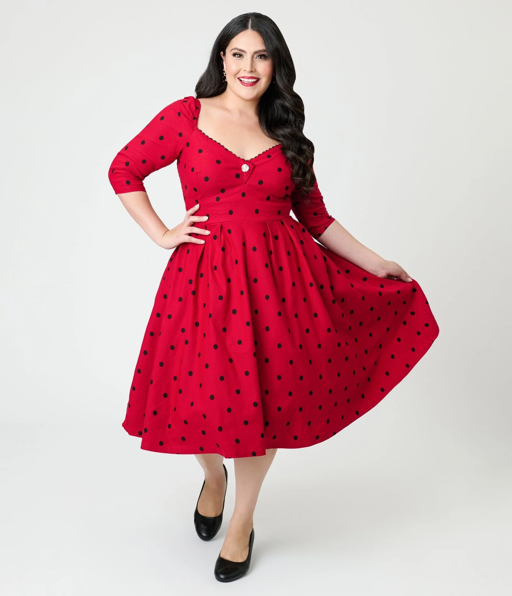 Unique Vintage Plus Size Burgundy & Black Dot Sweetheart Lamar Swing Dress - Image 4