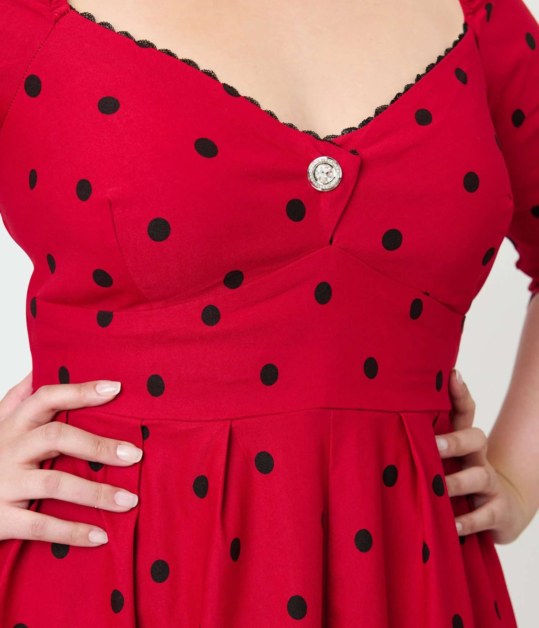 Unique Vintage Plus Size Burgundy & Black Dot Sweetheart Lamar Swing Dress - Image 5