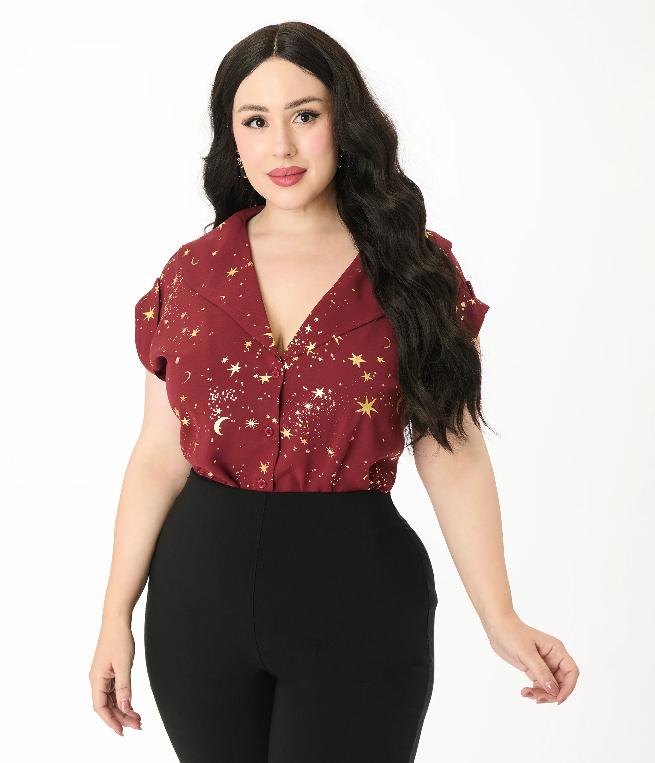 Unique Vintage Plus Size Burgundy & Gold Star Twill Sleeveless Blouse